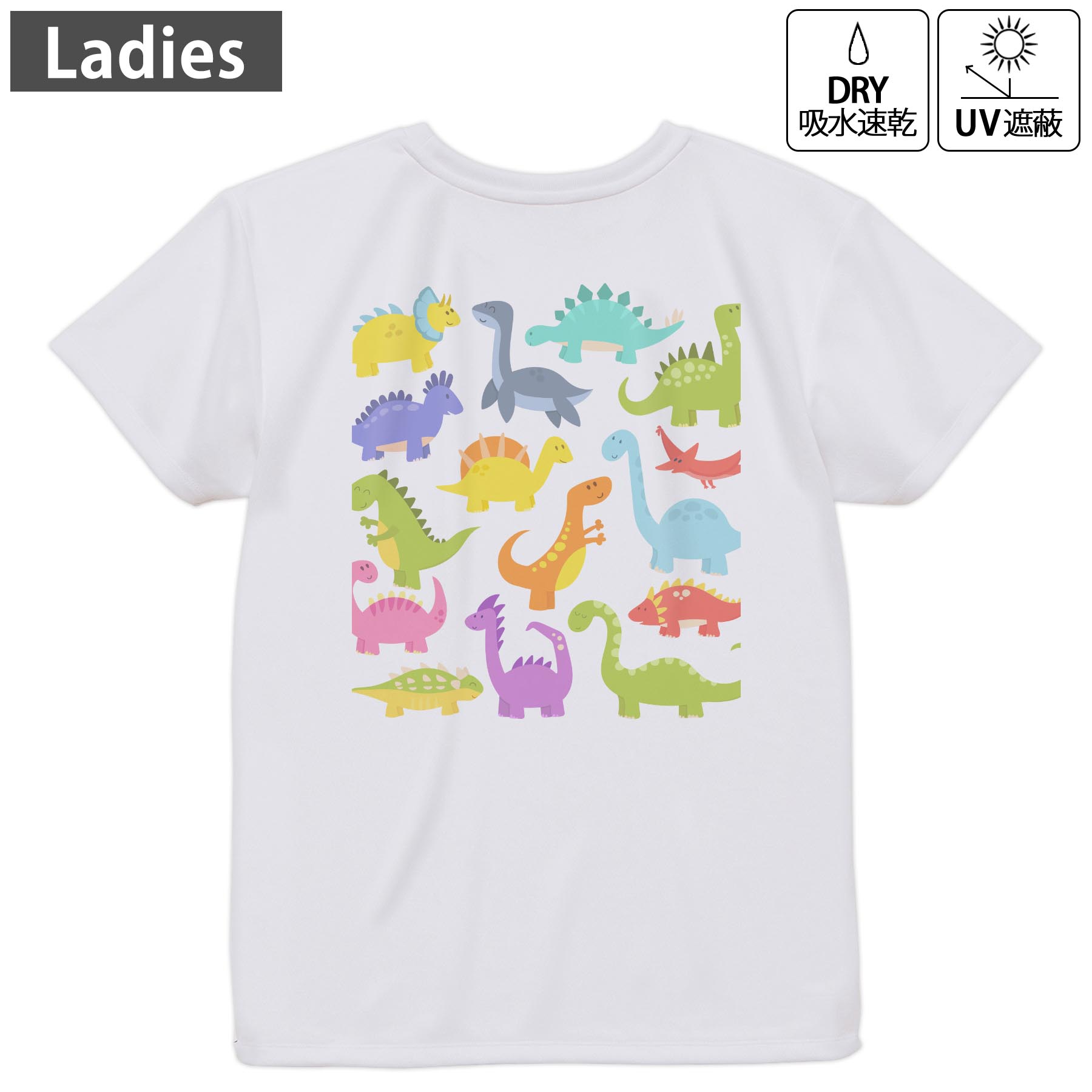 レディース ドライバックプリントTシャツ ホワイト 半袖 4.1オンス ジム トレーニング スポーツ 運動会 ドライアスレチック UVカット 紫外線遮蔽 吸水速乾 デザイン Tshirt M L 013167 恐竜　動物(4)