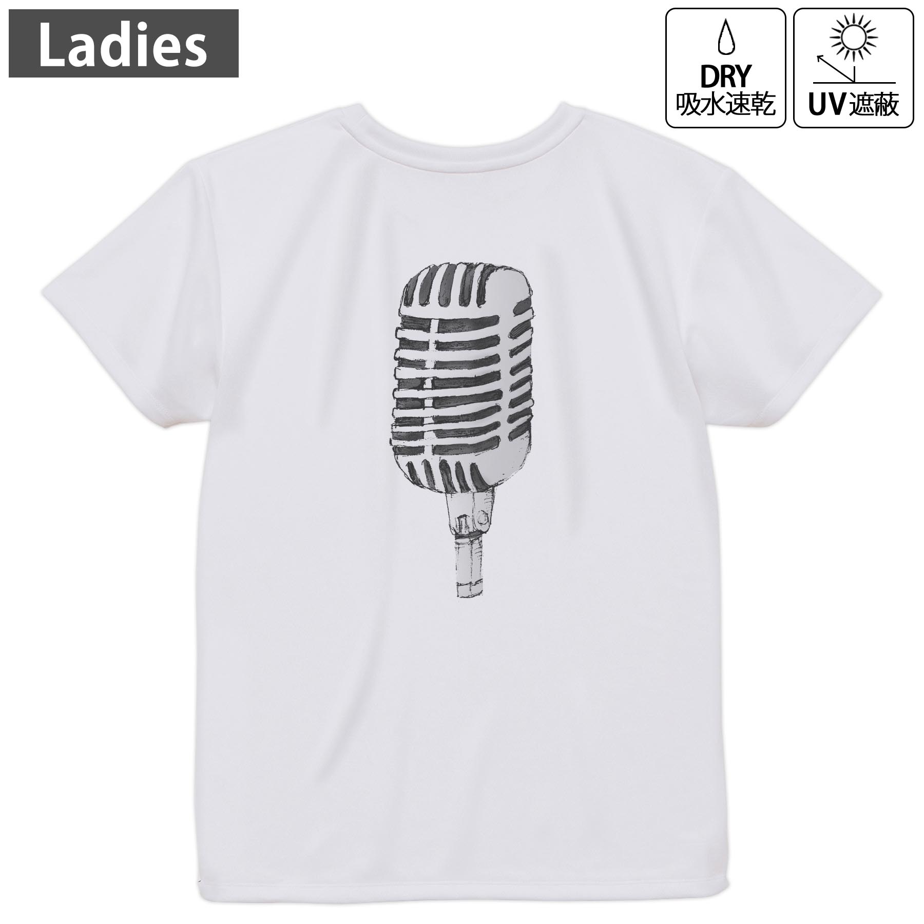 レディース ドライバックプリントTシャツ ホワイト 半袖 4.1オンス ジム トレーニング スポーツ 運動会 ドライアスレチック UVカット 紫外線遮蔽 吸水速乾 デザイン Tshirt M L 014110 マイク　音楽　ミュージック