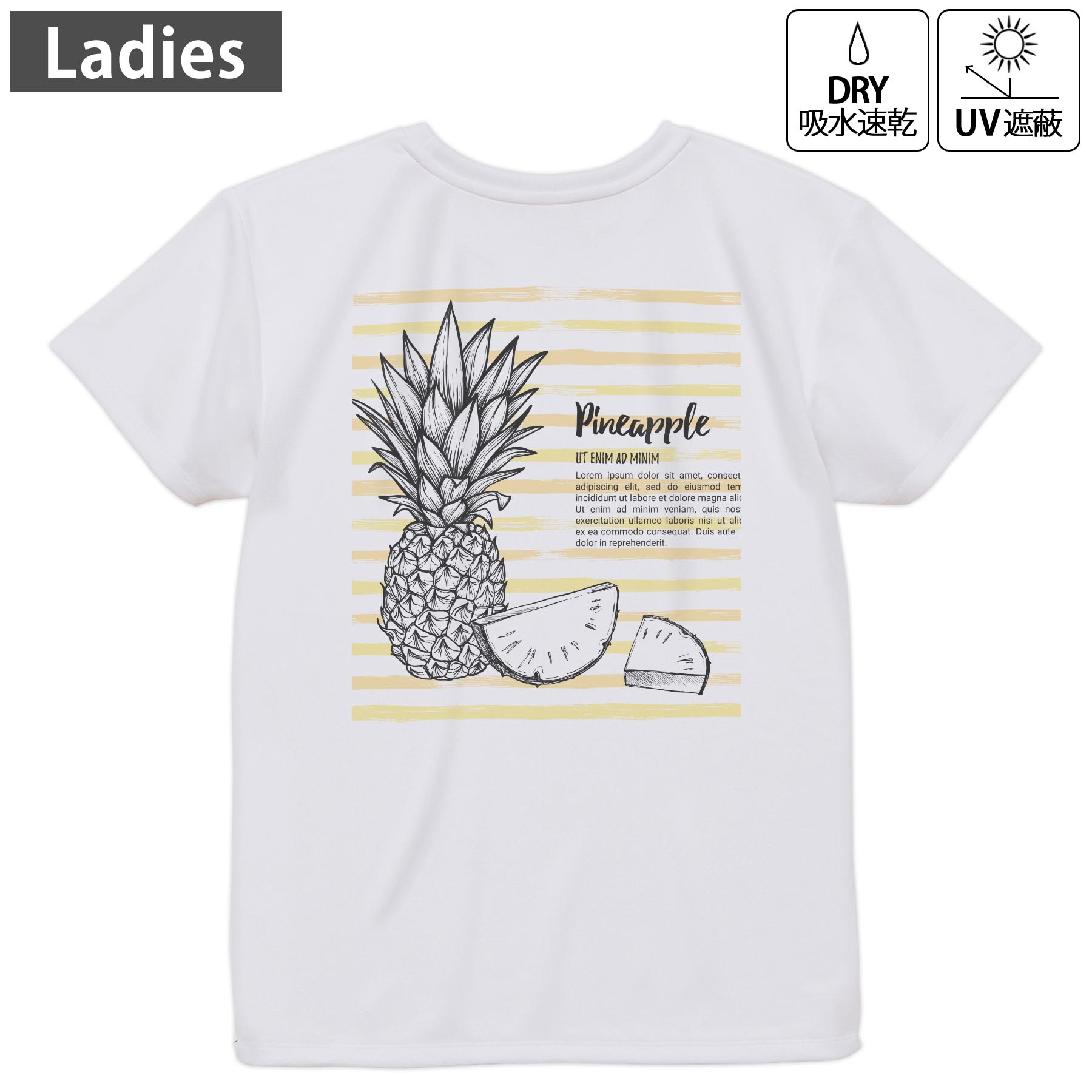 レディース ドライバックプリントTシャツ ホワイト 半袖 4.1オンス ジム トレーニング スポーツ 運動会 ドライアスレチック UVカット 紫外線遮蔽 吸水速乾 デザイン Tshirt M L 014264 パイナップル　夏　トロピカル