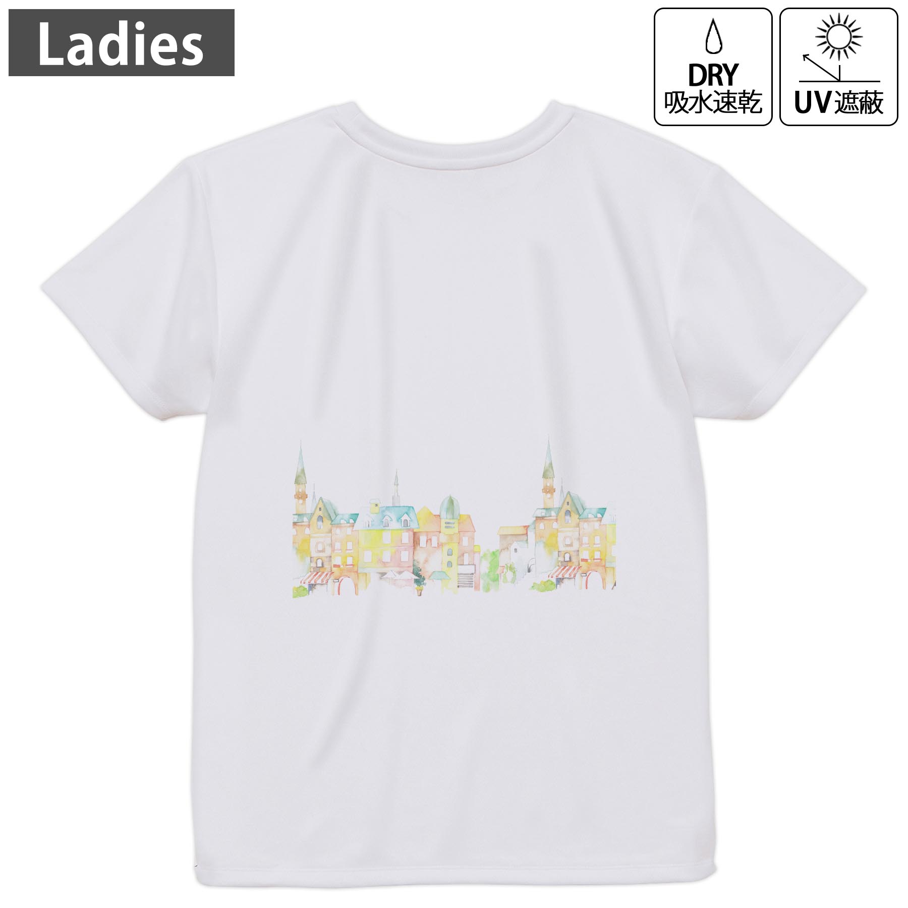 レディース ドライバックプリントTシャツ ホワイト 半袖 4.1オンス ジム トレーニング スポーツ 運動会 ドライアスレチック UVカット 紫外線遮蔽 吸水速乾 デザイン Tshirt M L 014273 風景 景色 カラフル