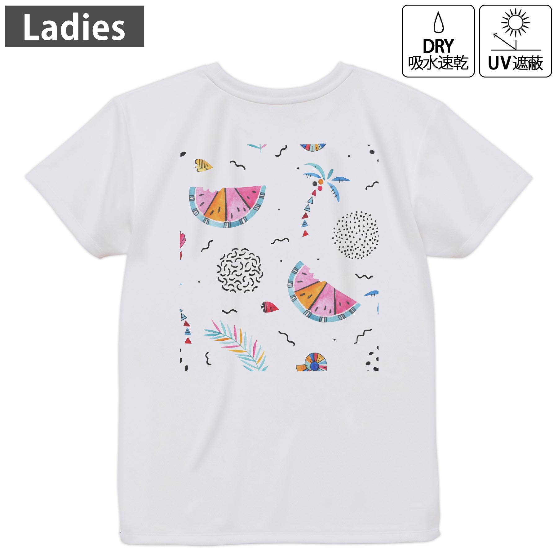 レディース ドライバックプリントTシャツ ホワイト 半袖 4.1オンス ジム トレーニング スポーツ 運動会 ドライアスレチック UVカット 紫外線遮蔽 吸水速乾 デザイン Tshirt M L 014344 ヤシの木 スイカ トロピカル