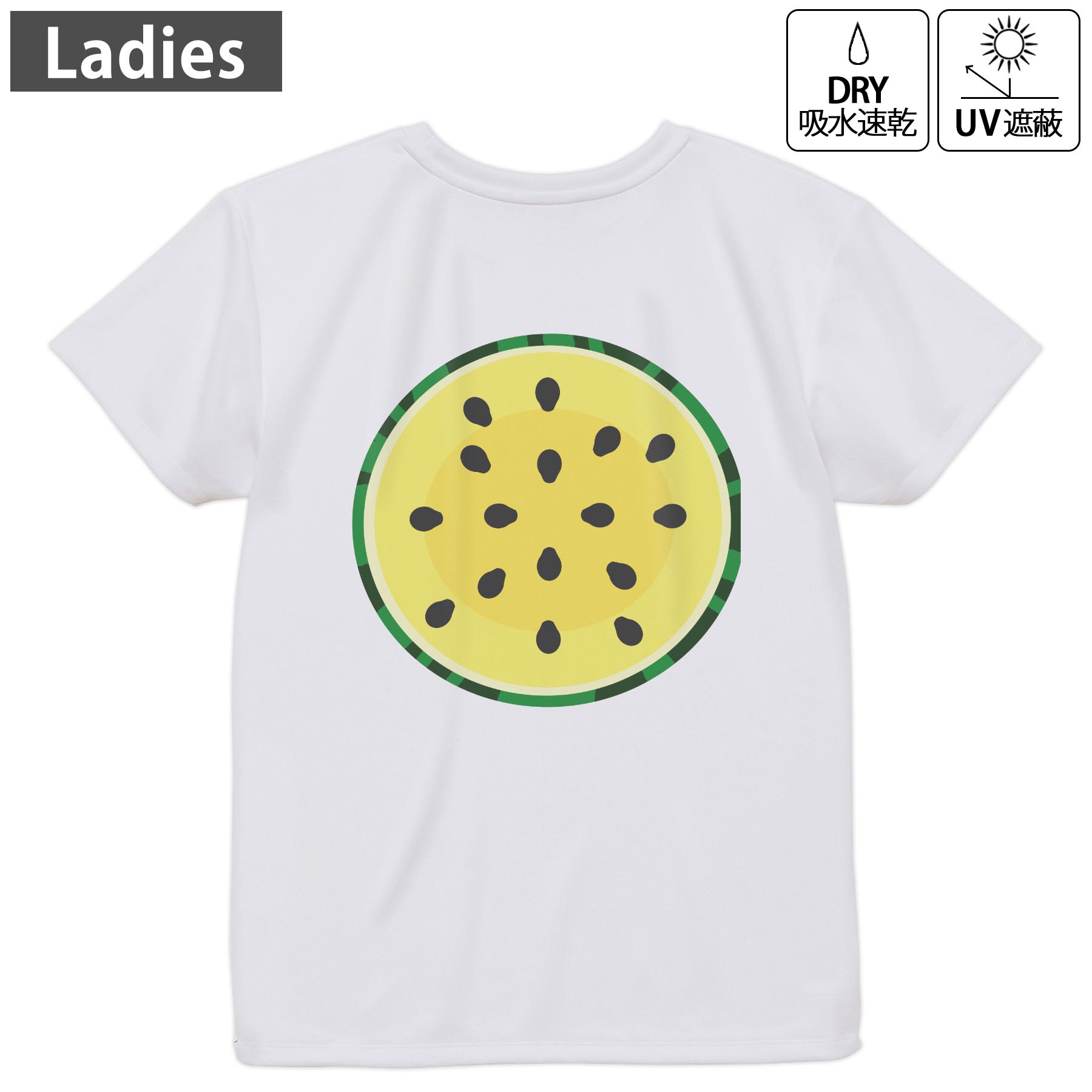 レディース ドライバックプリントTシャツ ホワイト 半袖 4.1オンス ジム トレーニング スポーツ 運動会 ドライアスレチック UVカット 紫外線遮蔽 吸水速乾 デザイン Tshirt M L 014412 スイカ 黄色 夏