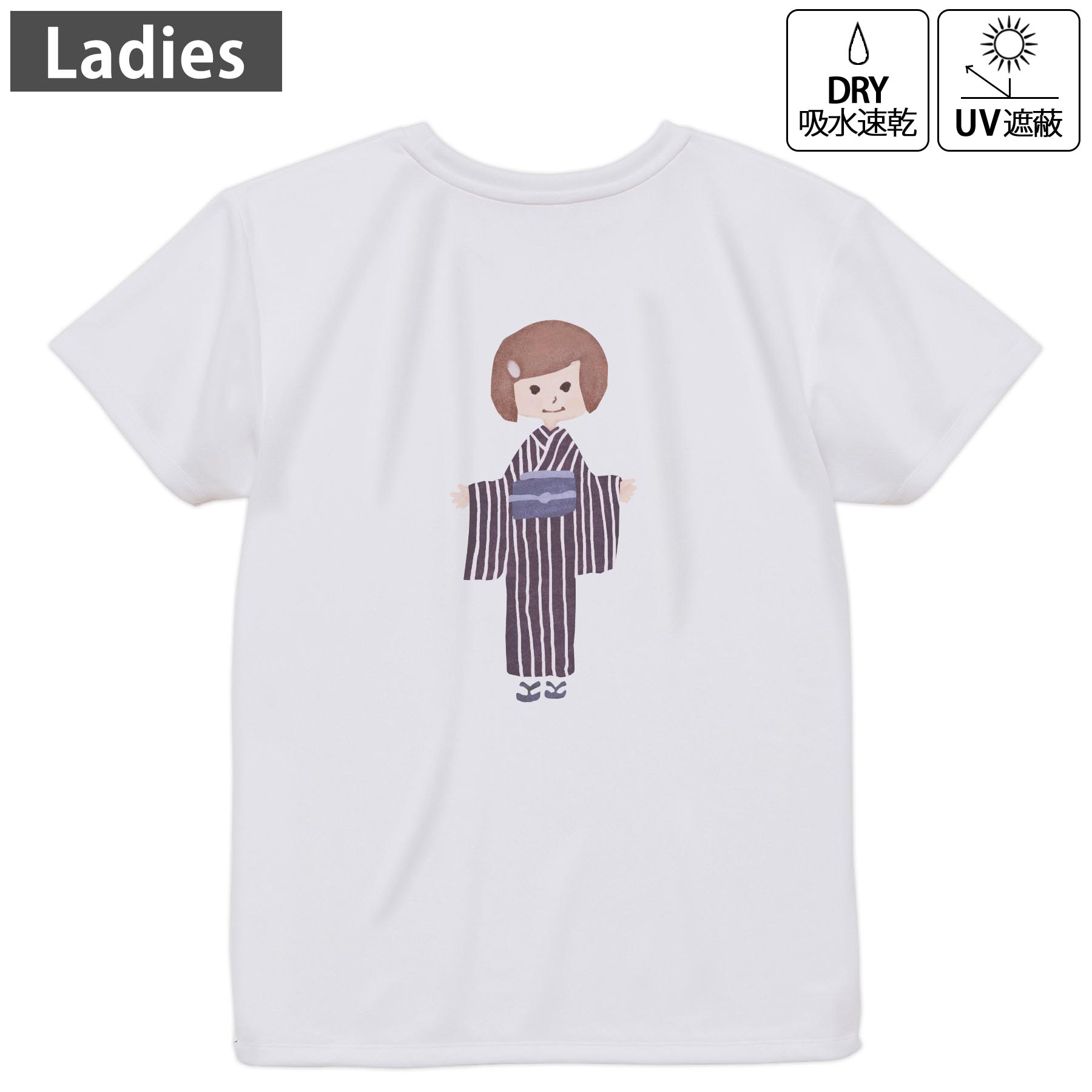 レディース ドライバックプリントTシャツ ホワイト 半袖 4.1オンス ジム トレーニング スポーツ 運動会 ドライアスレチック UVカット 紫外線遮蔽 吸水速乾 デザイン Tshirt M L 014681 人物 着物