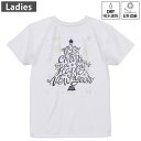 レディース ドライバックプリントTシャツ ホワイト 半袖 4.1オンス ジム トレーニング スポーツ 運動会 ドライアスレチック UVカット 紫外線遮蔽 吸水速乾 デザイン Tshirt M L 015351 星 クリスマス ツリー 英字
