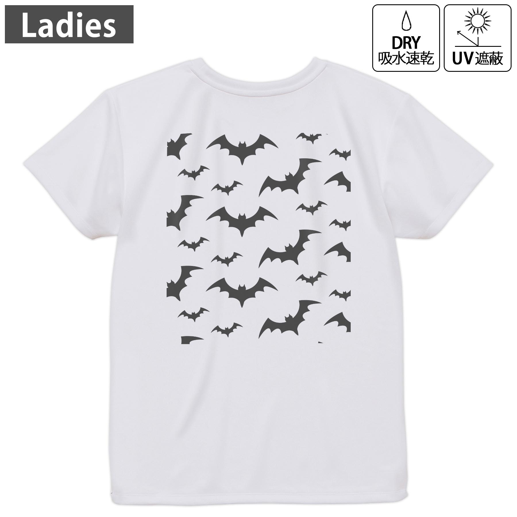 レディース ドライバックプリントTシャツ ホワイト 半袖 4.1オンス ジム トレーニング スポーツ 運動会 ドライアスレチック UVカット 紫外線遮蔽 吸水速乾 デザイン Tshirt M L 015367 コウモリ　ハロウィン　モノクロ(4.0)