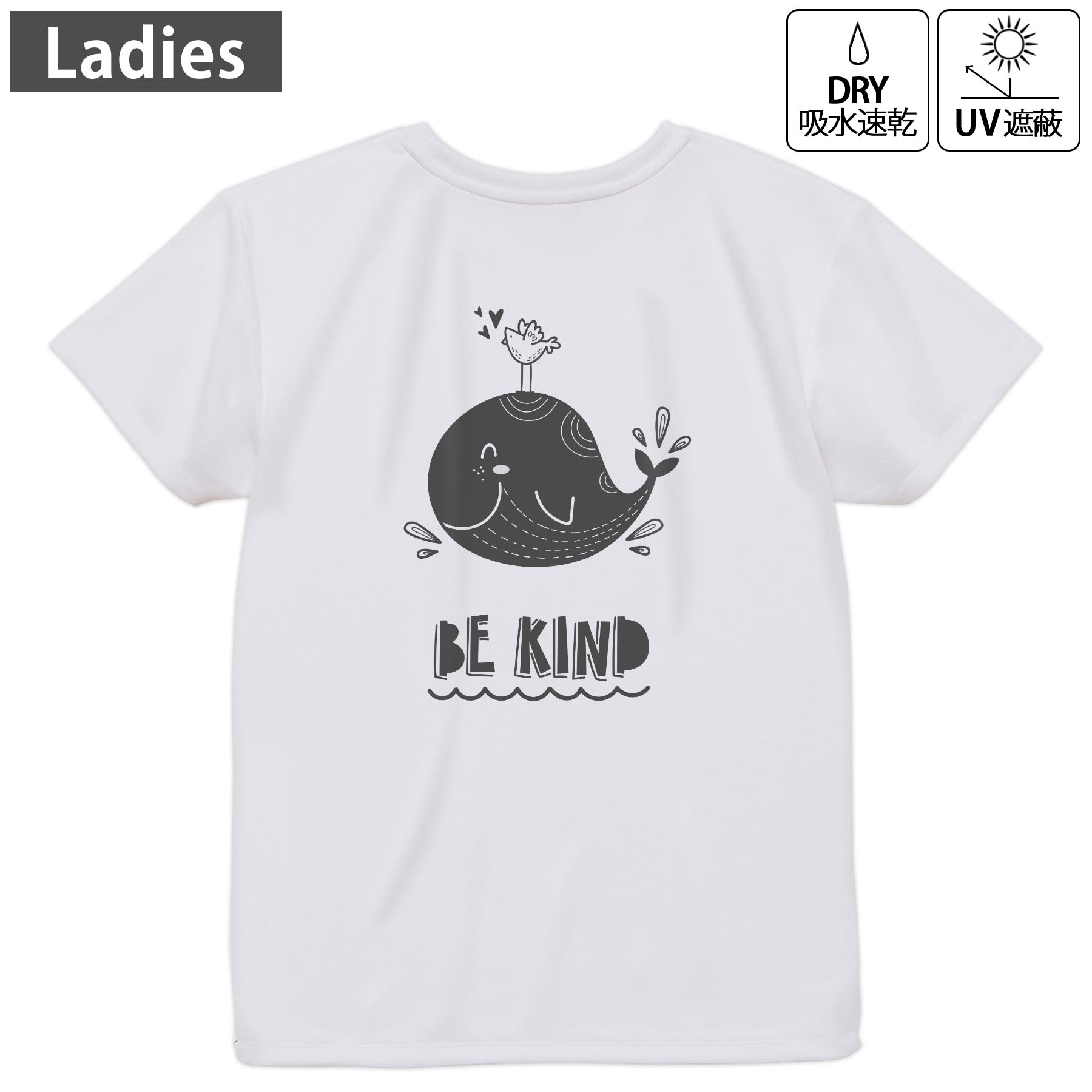 レディース ドライバックプリントTシャツ ホワイト 半袖 4.1オンス ジム トレーニング スポーツ 運動会 ドライアスレチック UVカット 紫外線遮蔽 吸水速乾 デザイン Tshirt M L 015787 くじら　モノクロ　かわいい