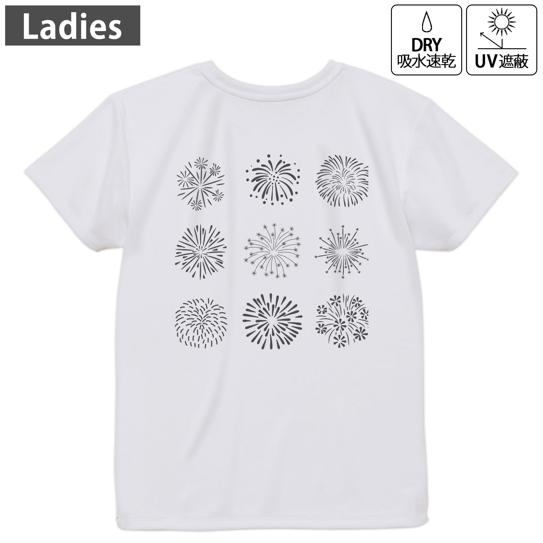 レディース ドライバックプリントTシャツ ホワイト 半袖 4.1オンス ジム トレーニング スポーツ 運動会 ドライアスレチック UVカット 紫外線遮蔽 吸水速乾 デザイン Tshirt M L 015941 花火 夏 空