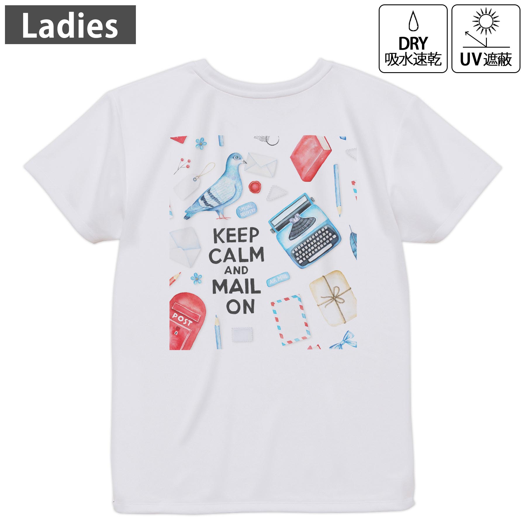 レディース ドライバックプリントTシャツ ホワイト 半袖 4.1オンス ジム トレーニング スポーツ 運動会 ドライアスレチック UVカット 紫外線遮蔽 吸水速乾 デザイン Tshirt M L 016037 手紙 ポスト 鳩
