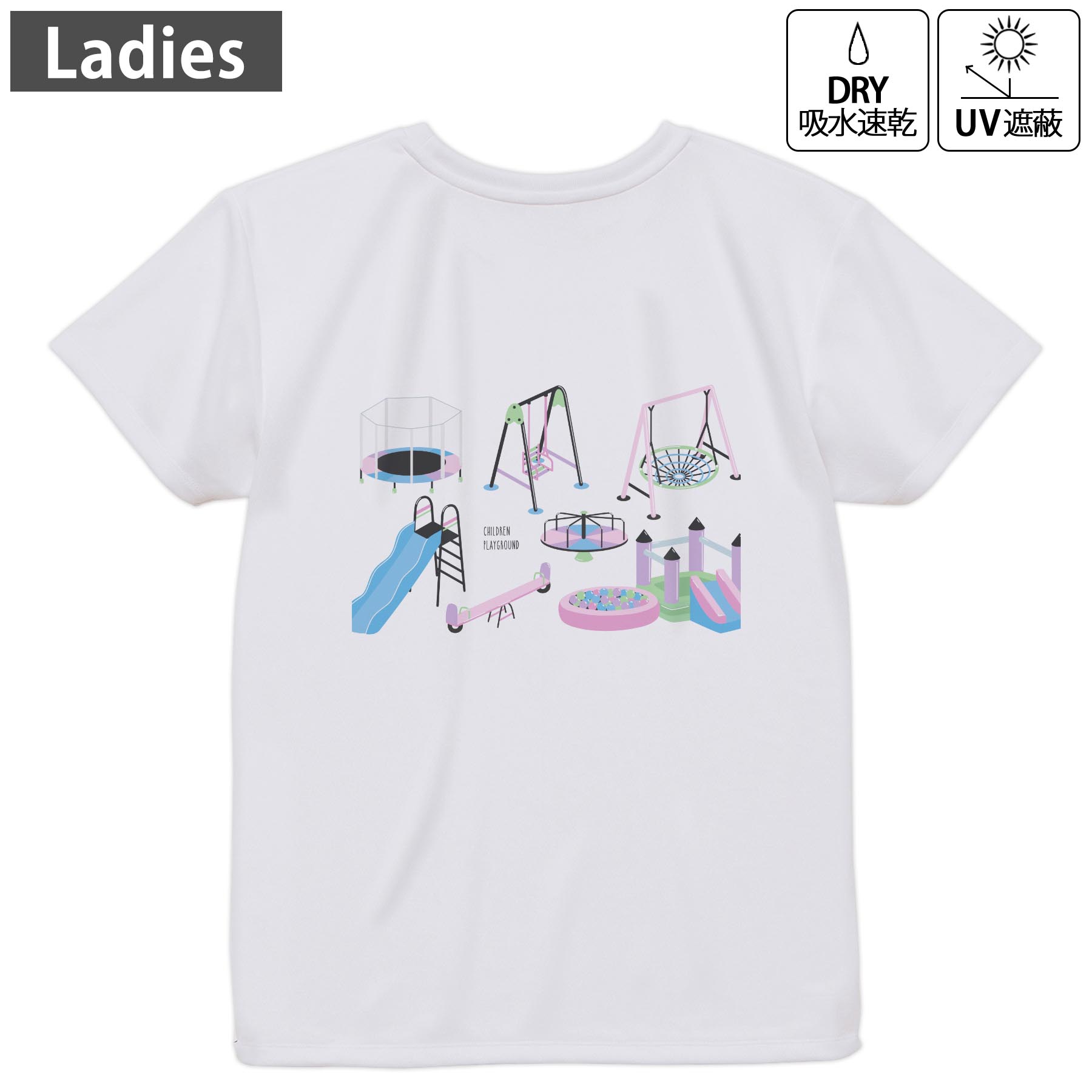 レディース ドライバックプリントTシャツ ホワイト 半袖 4.1オンス ジム トレーニング スポーツ 運動会 ドライアスレチック UVカット 紫外線遮蔽 吸水速乾 デザイン Tshirt M L 016141 公園 遊具