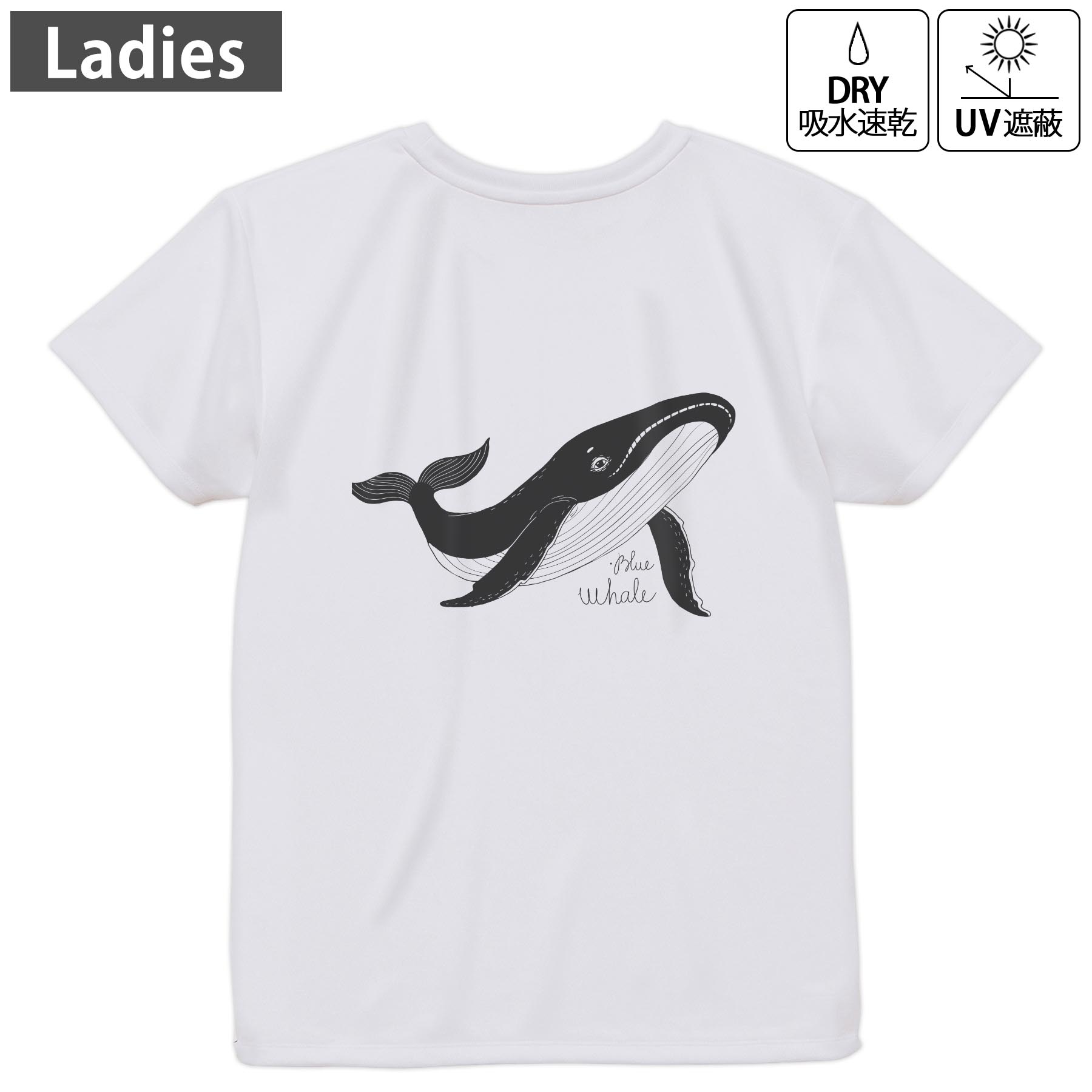 レディース ドライバックプリントTシャツ ホワイト 半袖 4.1オンス ジム トレーニング スポーツ 運動会 ドライアスレチック UVカット 紫外線遮蔽 吸水速乾 デザイン Tshirt M L 016166 シャチ　魚