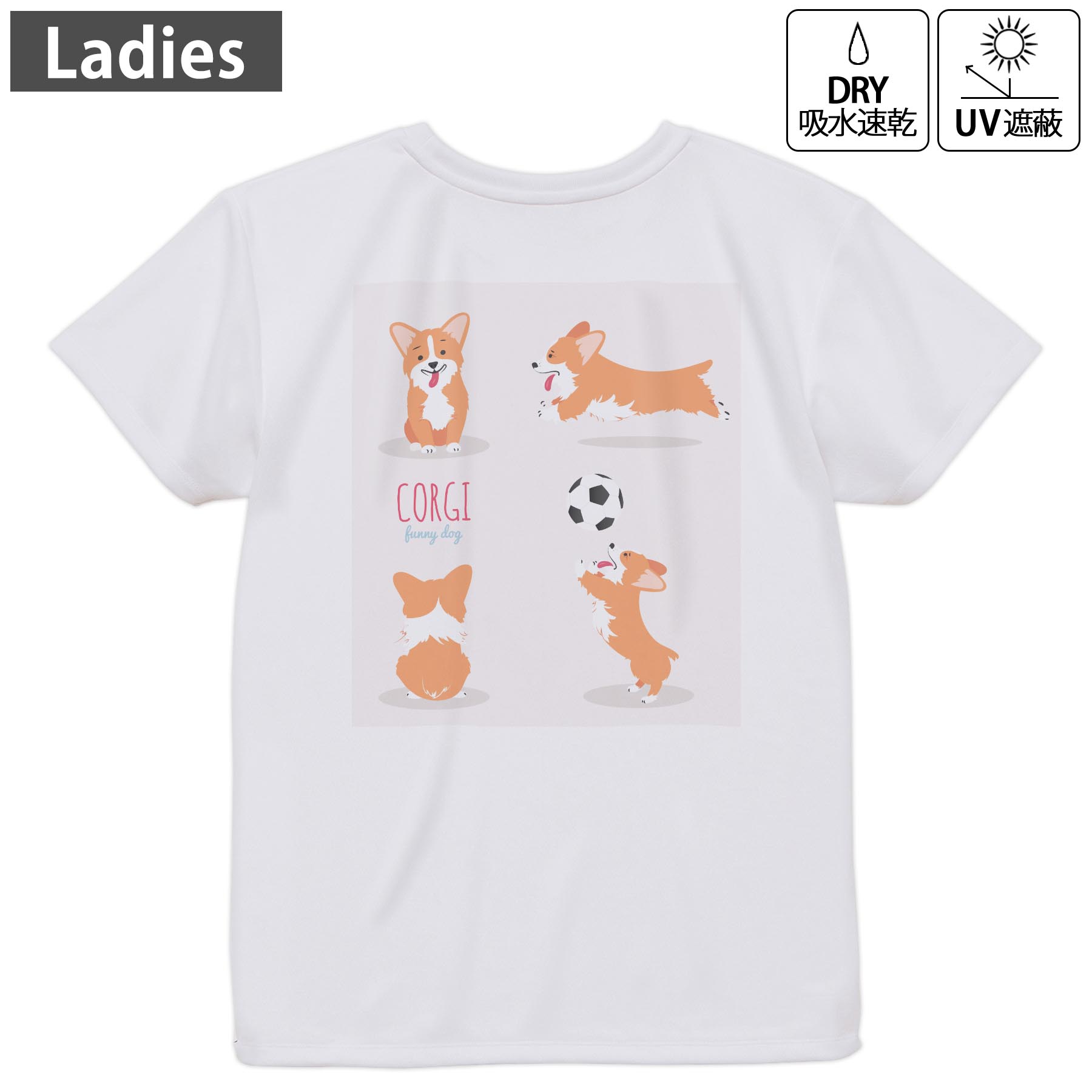 レディース ドライバックプリントTシャツ ホワイト 半袖 4.1オンス ジム トレーニング スポーツ 運動会 ドライアスレチック UVカット 紫外線遮蔽 吸水速乾 デザイン Tshirt M L 016256 犬 サッカー