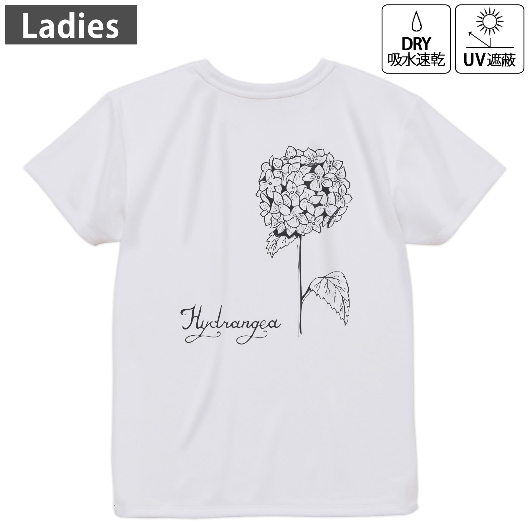 レディース ドライバックプリントTシャツ ホワイト 半袖 4.1オンス ジム トレーニング スポーツ 運動会 ドライアスレチック UVカット 紫外線遮蔽 吸水速乾 デザイン Tshirt M L 016339 あじさい 梅雨 花