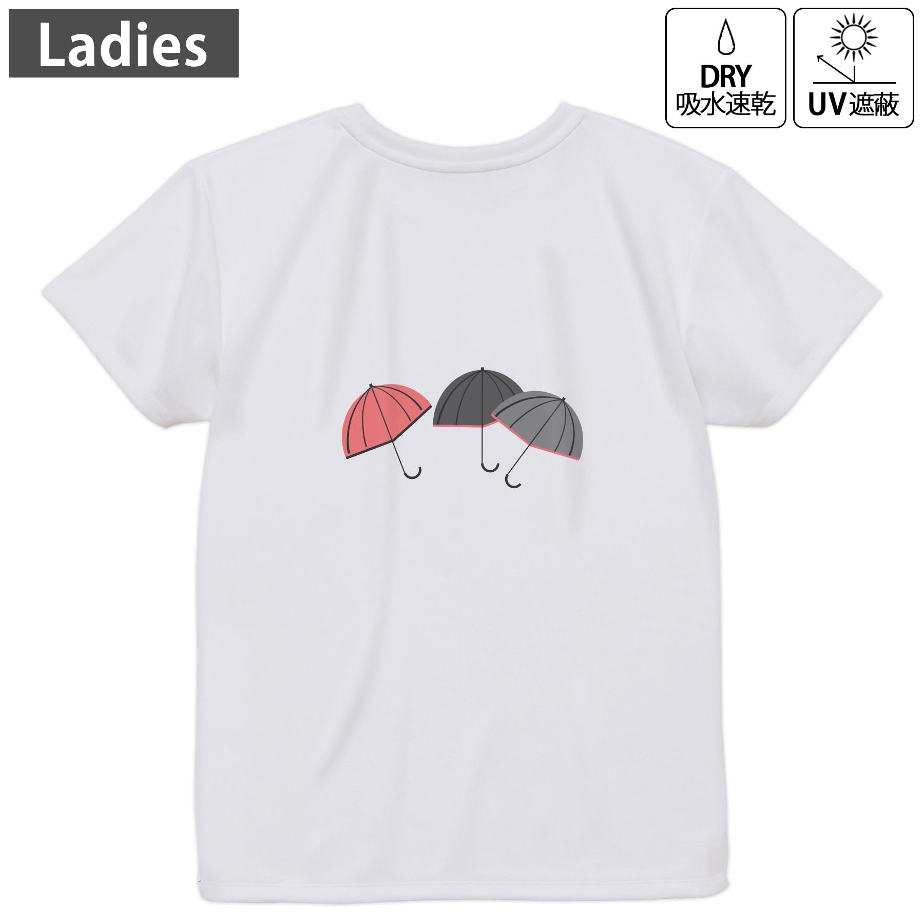 レディース ドライバックプリントTシャツ ホワイト 半袖 4.1オンス ジム トレーニング スポーツ 運動会 ドライアスレチック UVカット 紫外線遮蔽 吸水速乾 デザイン Tshirt M L 016344 傘 梅雨 カラフル