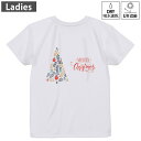 レディース ドライバックプリントTシャツ ホワイト 半袖 4.1オンス ジム トレーニング スポーツ 運動会 ドライアスレチック UVカット 紫外線遮蔽 吸水速乾 デザイン Tshirt M L 016416 クリスマス ツリー