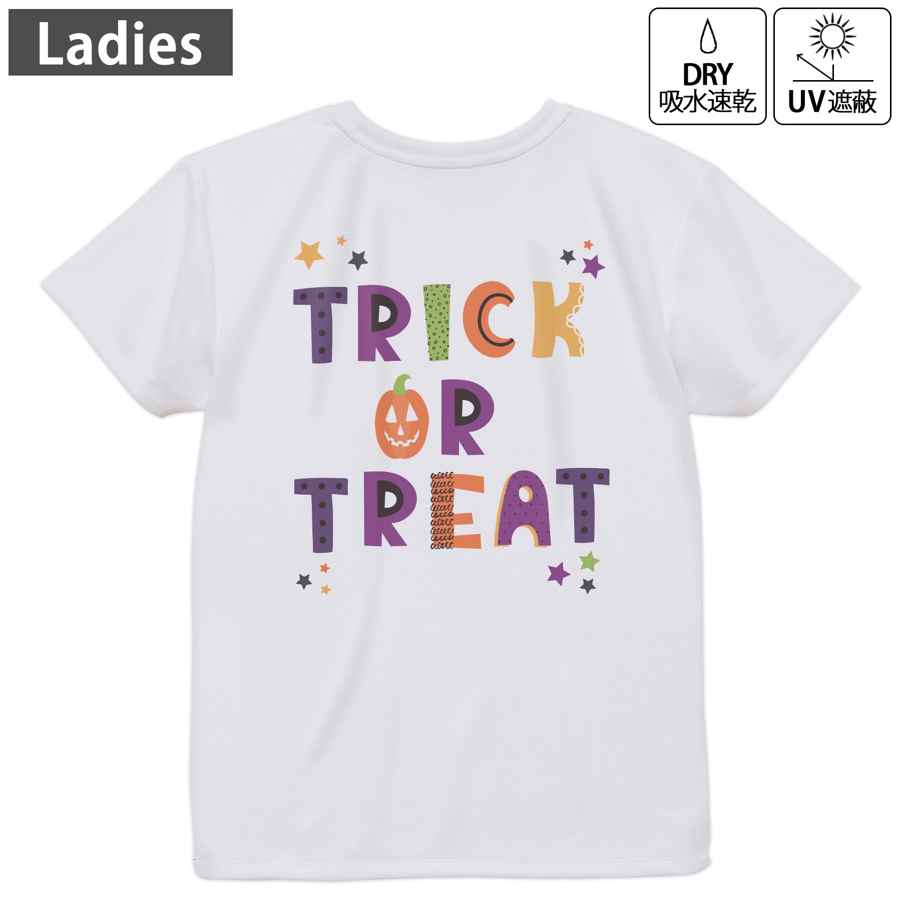 レディース ドライバックプリントTシャツ ホワイト 半袖 4.1オンス ジム トレーニング スポーツ 運動会 ドライアスレチック UVカット 紫外線遮蔽 吸水速乾 デザイン Tshirt M L 017501 trick or trat　英字　カラフル