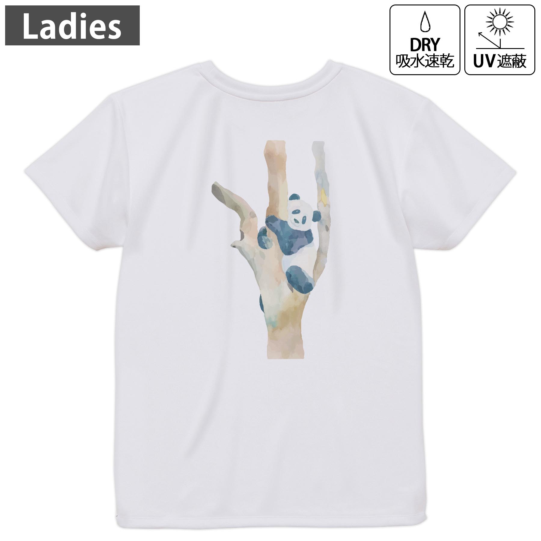 レディース ドライバックプリントTシャツ ホワイト 半袖 4.1オンス ジム トレーニング スポーツ 運動会 ドライアスレチック UVカット 紫外線遮蔽 吸水速乾 デザイン Tshirt M L 017542 パンダ Panda 動物