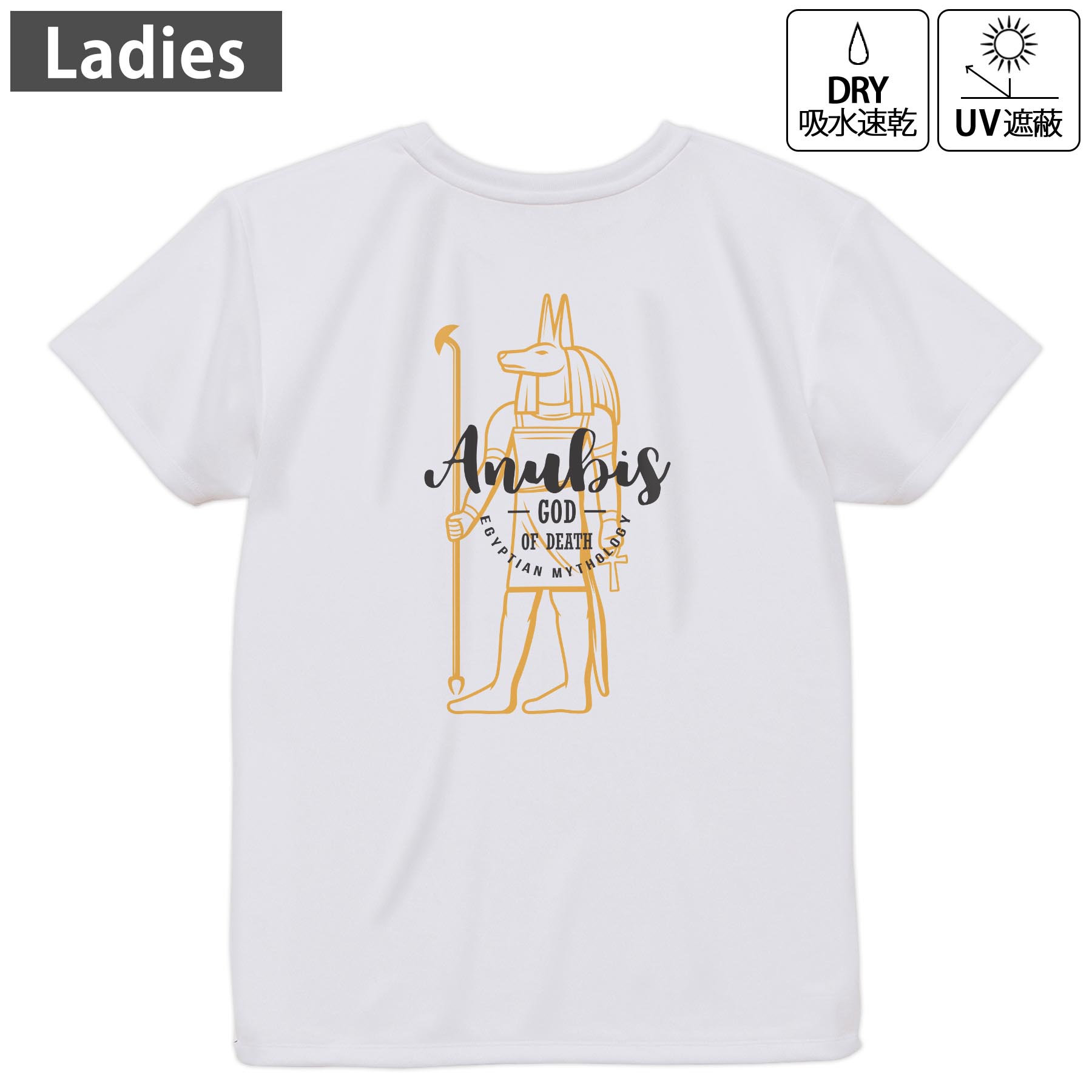 レディース ドライバックプリントTシャツ ホワイト 半袖 4.1オンス ジム トレーニング スポーツ 運動会 ドライアスレチック UVカット 紫外線遮蔽 吸水速乾 デザイン Tshirt M L 017730 DOG 犬 EGYPT おしゃれ