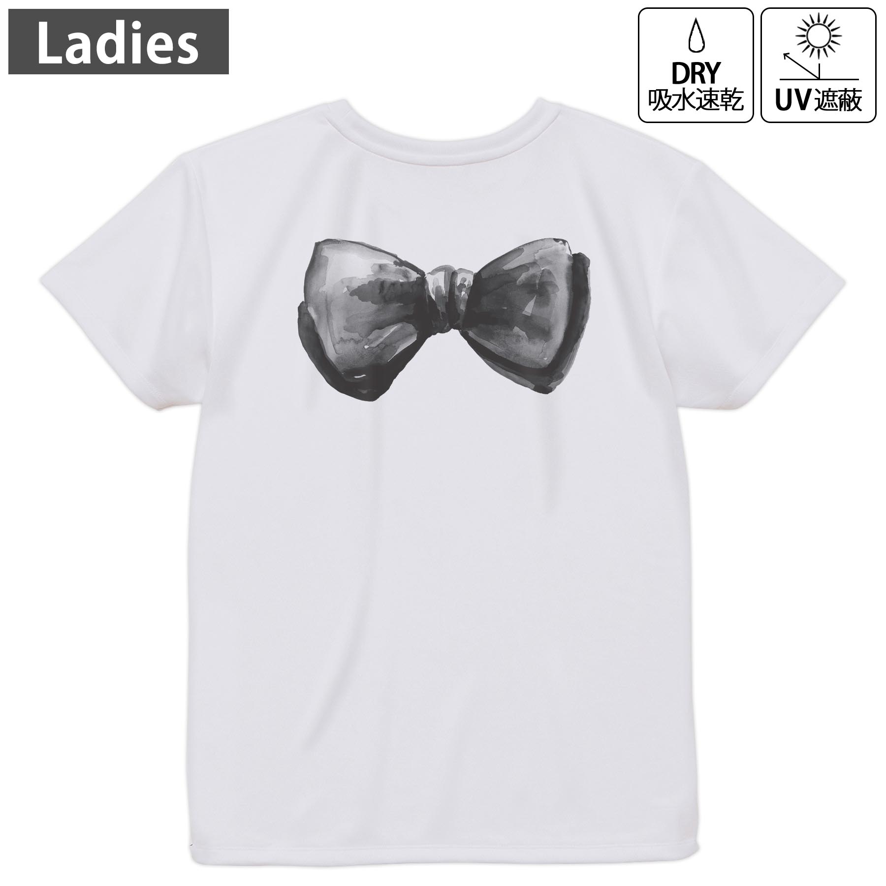 レディース ドライバックプリントTシャツ ホワイト 半袖 4.1オンス ジム トレーニング スポーツ 運動会 ドライアスレチック UVカット 紫外線遮蔽 吸水速乾 デザイン Tshirt M L 017765 蝶ネクタイ　黒　手書き風