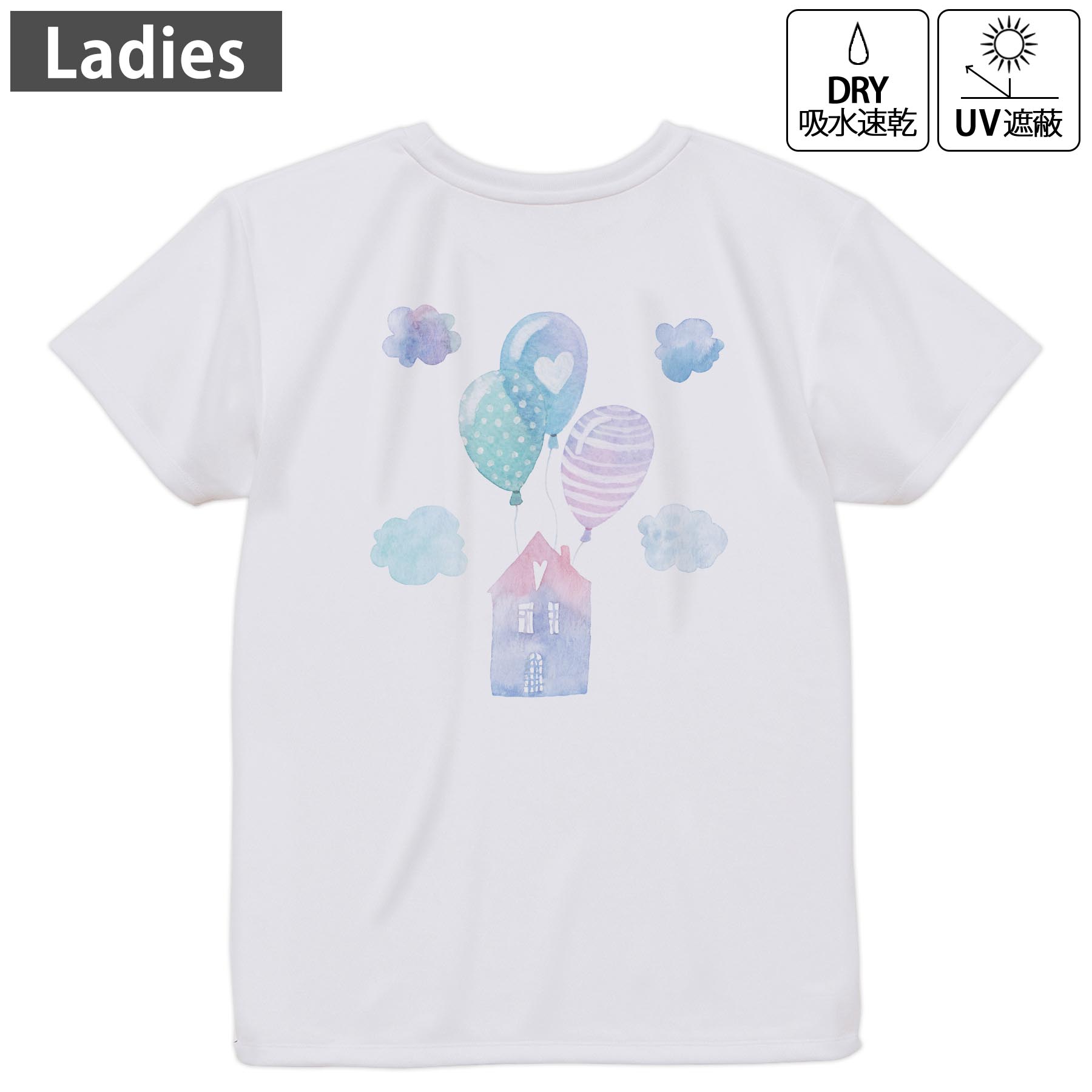 レディース ドライバックプリントTシャツ ホワイト 半袖 4.1オンス ジム トレーニング スポーツ 運動会 ドライアスレチック UVカット 紫外線遮蔽 吸水速乾 デザイン Tshirt M L 017798 梅雨 雨の家 雲 風船