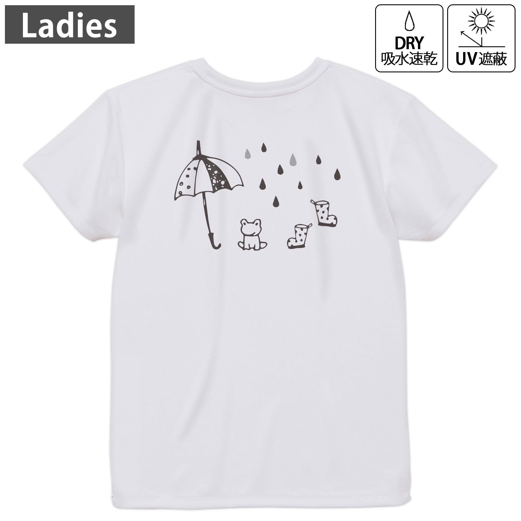 レディース ドライバックプリントTシャツ ホワイト 半袖 4.1オンス ジム トレーニング スポーツ 運動会 ドライアスレチック UVカット 紫外線遮蔽 吸水速乾 デザイン Tshirt M L 017840 梅雨 カエル 傘