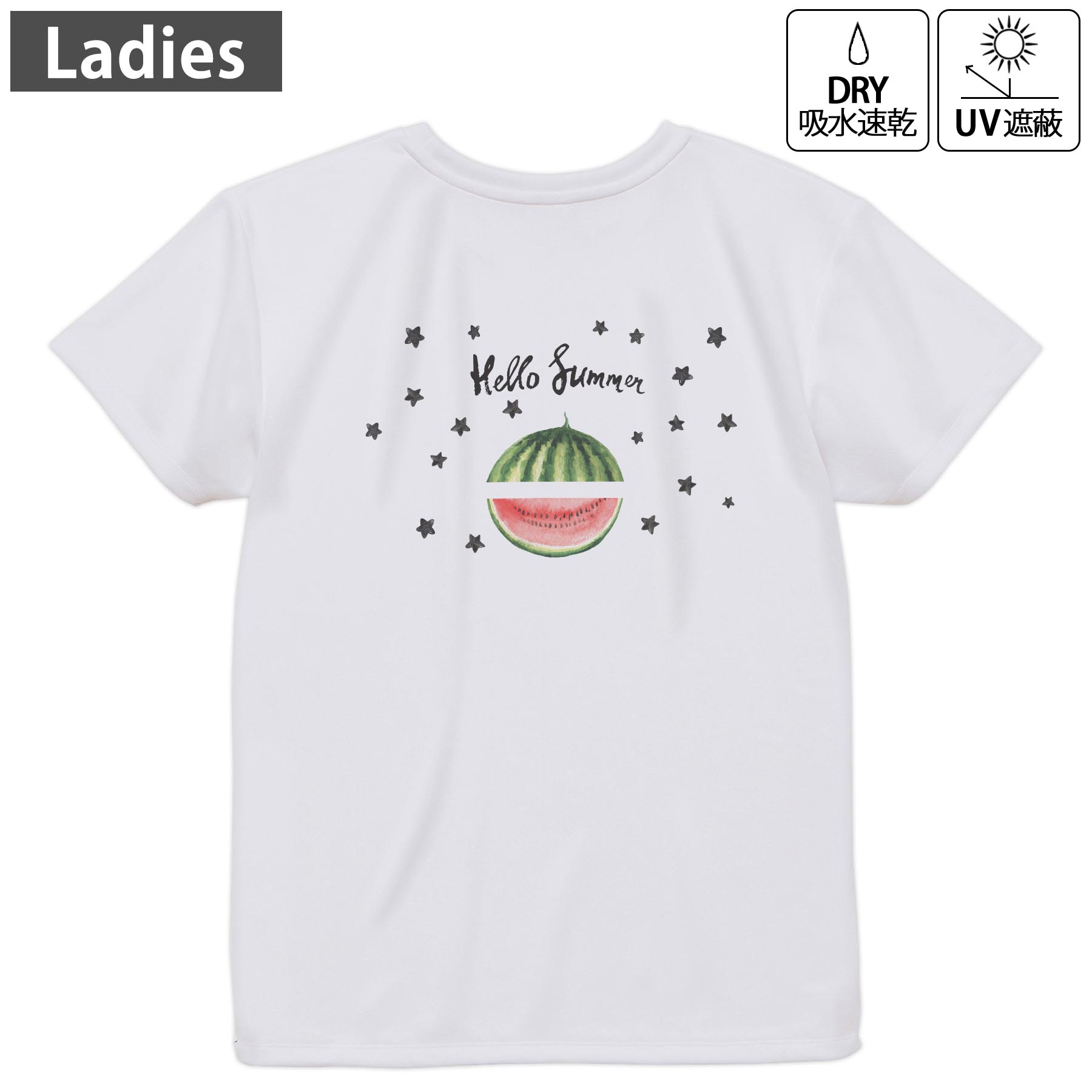 レディース ドライバックプリントTシャツ ホワイト 半袖 4.1オンス ジム トレーニング スポーツ 運動会 ドライアスレチック UVカット 紫外線遮蔽 吸水速乾 デザイン Tshirt M L 017842 スイカ 夏 summer