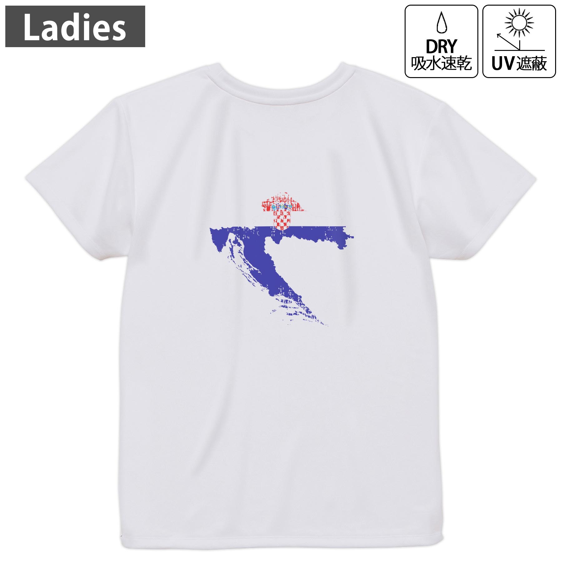 レディース ドライバックプリントTシャツ ホワイト 半袖 4.1オンス ジム トレーニング スポーツ 運動会 ドライアスレチック UVカット 紫外線遮蔽 吸水速乾 デザイン Tshirt M L 018804 croatia クロアチア