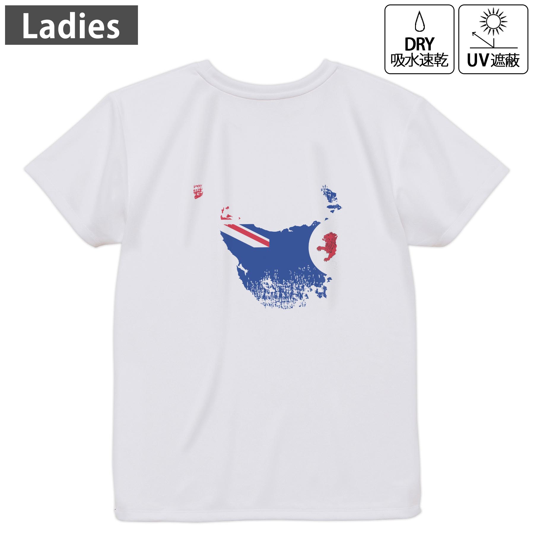 レディース ドライバックプリントTシャツ ホワイト 半袖 4.1オンス ジム トレーニング スポーツ 運動会 ドライアスレチック UVカット 紫外線遮蔽 吸水速乾 デザイン Tshirt M L 018964 tasmania タスマニア