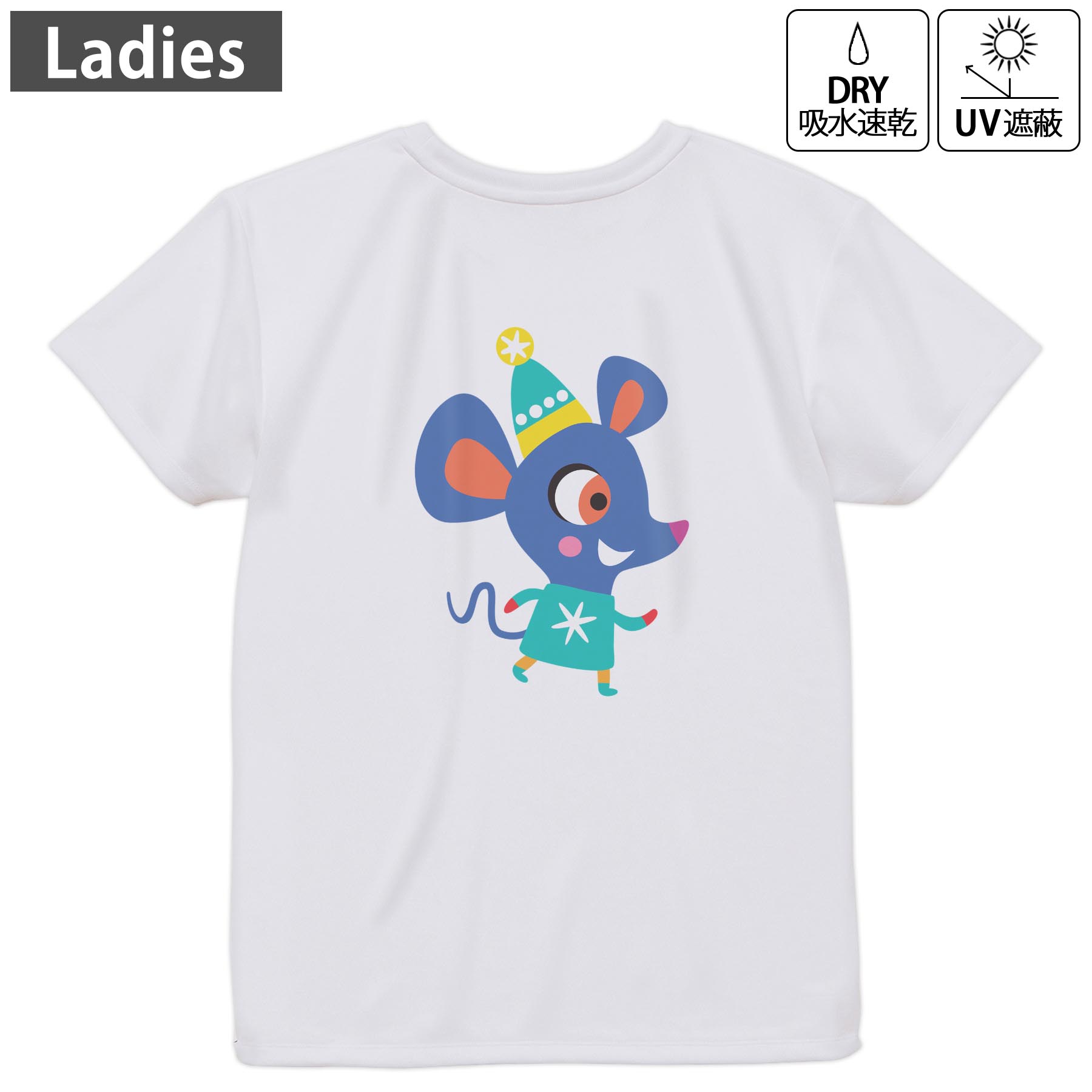 レディース ドライバックプリントTシャツ ホワイト 半袖 4.1オンス ジム トレーニング スポーツ 運動会 ドライアスレチック UVカット 紫外線遮蔽 吸水速乾 デザイン Tshirt M L 019029 アニマル キッズ