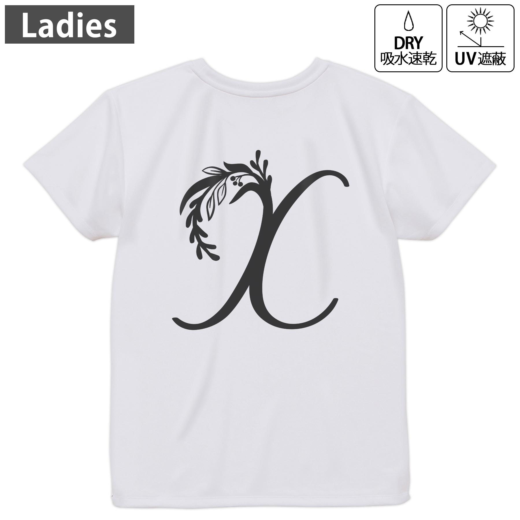 レディース ドライバックプリントTシャツ ホワイト 半袖 4.1オンス ジム トレーニング スポーツ 運動会 ドライアスレチック UVカット 紫外線遮蔽 吸水速乾 デザイン Tshirt M L 019240 文字 x アルファベット