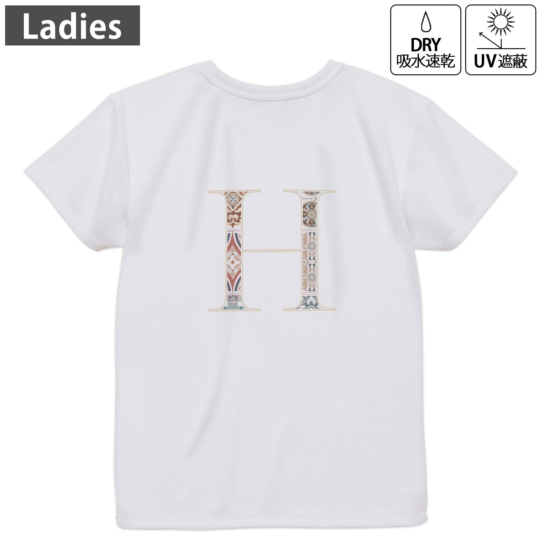 レディース ドライバックプリントTシャツ ホワイト 半袖 4.1オンス ジム トレーニング スポーツ 運動会 ドライアスレチック UVカット 紫外線遮蔽 吸水速乾 デザイン Tshirt M L 019251 文字 h アルファベット