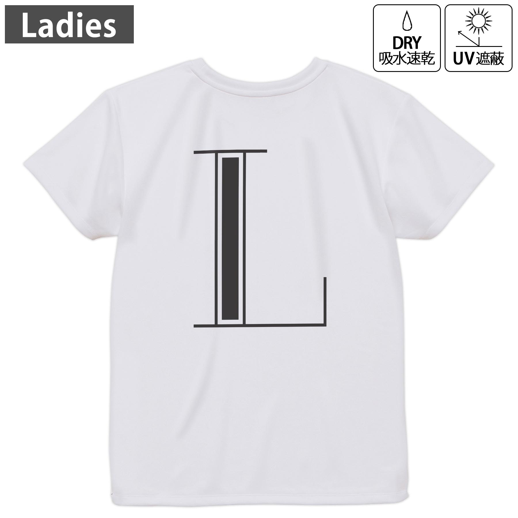 レディース ドライバックプリントTシャツ ホワイト 半袖 4.1オンス ジム トレーニング スポーツ 運動会 ドライアスレチック UVカット 紫外線遮蔽 吸水速乾 デザイン Tshirt M L 019353 文字 l アルファベット