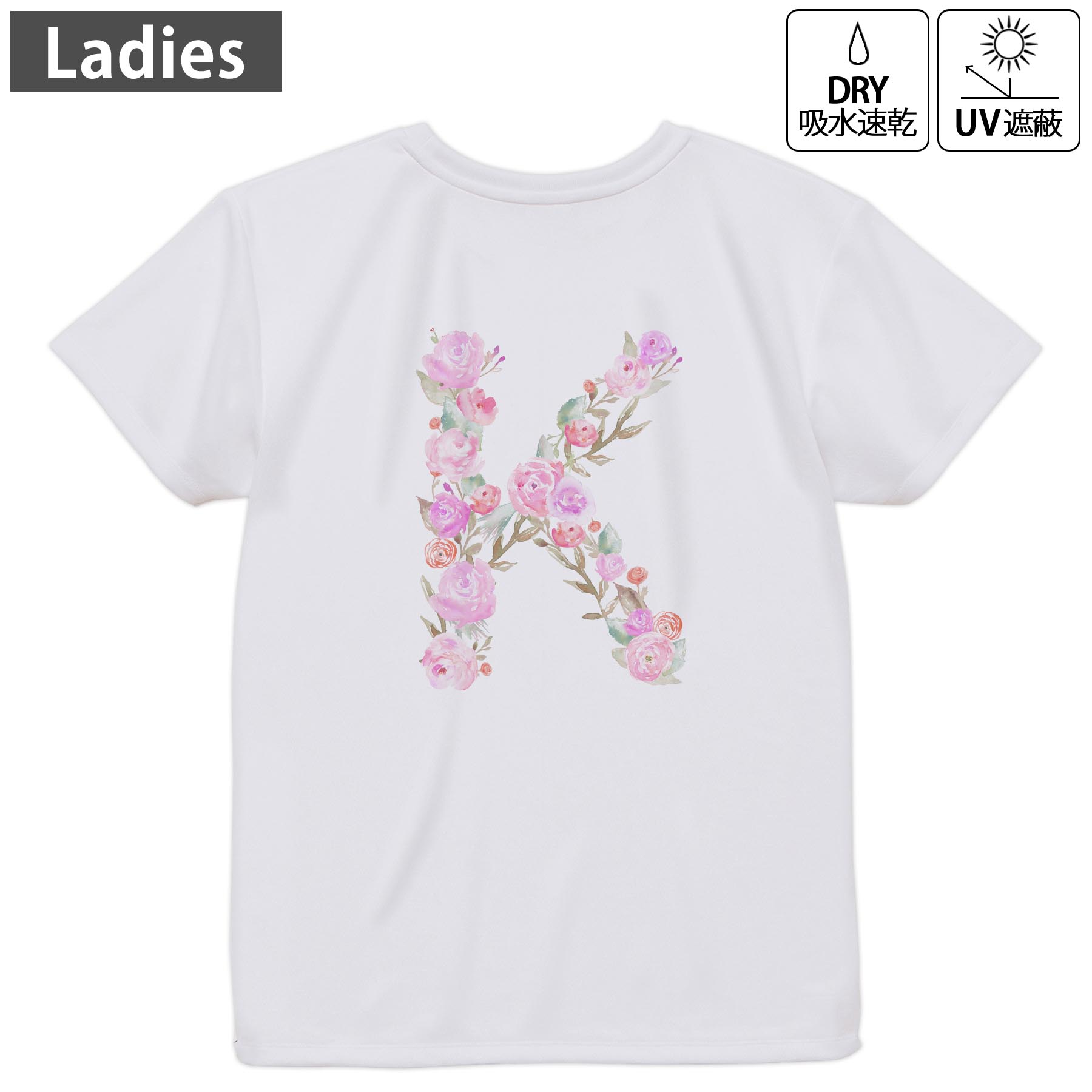 レディース ドライバックプリントTシャツ ホワイト 半袖 4.1オンス ジム トレーニング スポーツ 運動会 ドライアスレチック UVカット 紫外線遮蔽 吸水速乾 デザイン Tshirt M L 019492 文字 k アルファベット