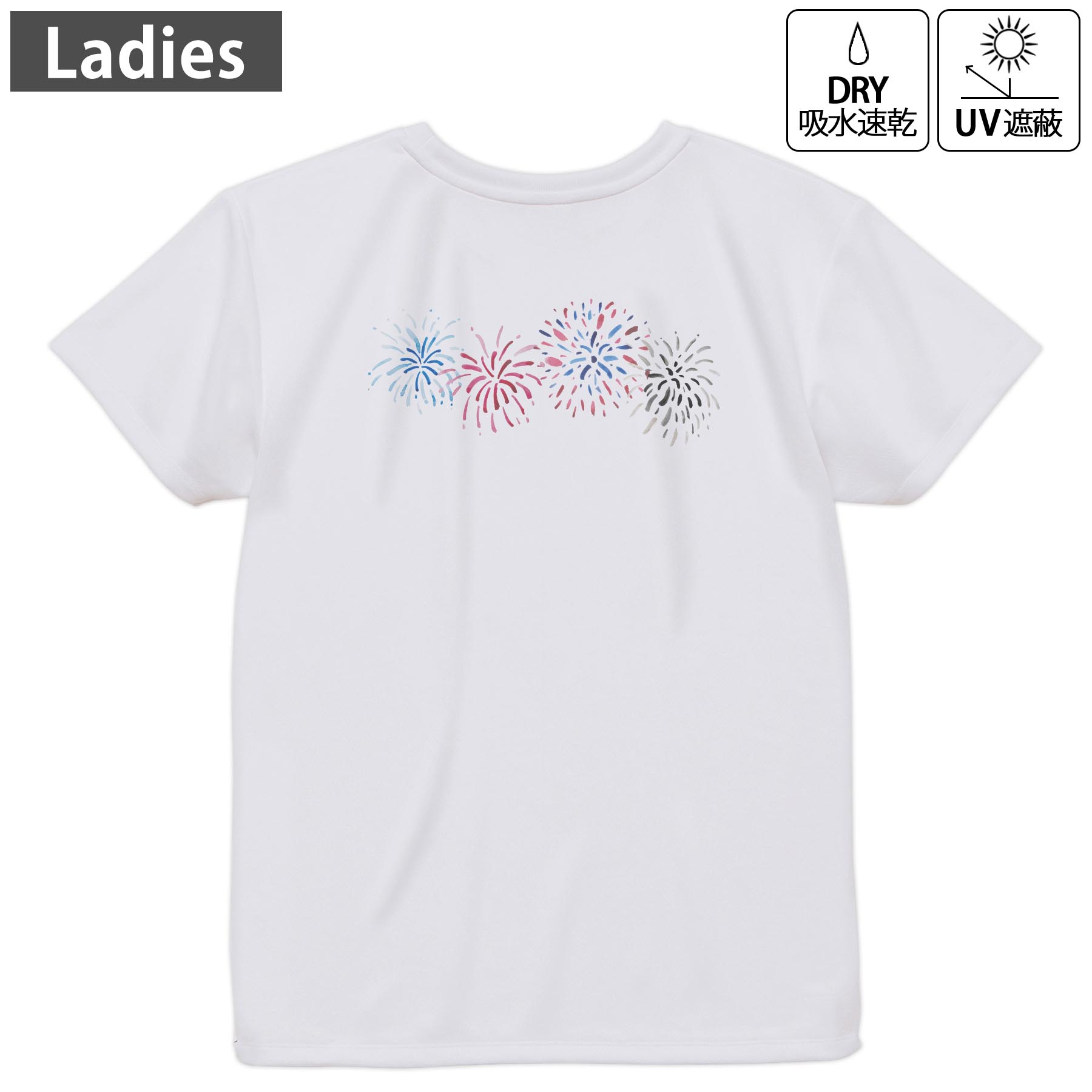 レディース ドライバックプリントTシャツ ホワイト 半袖 4.1オンス ジム トレーニング スポーツ 運動会 ドライアスレチック UVカット 紫外線遮蔽 吸水速乾 デザイン Tshirt M L 019750 夏 打ち上げ花火 firework