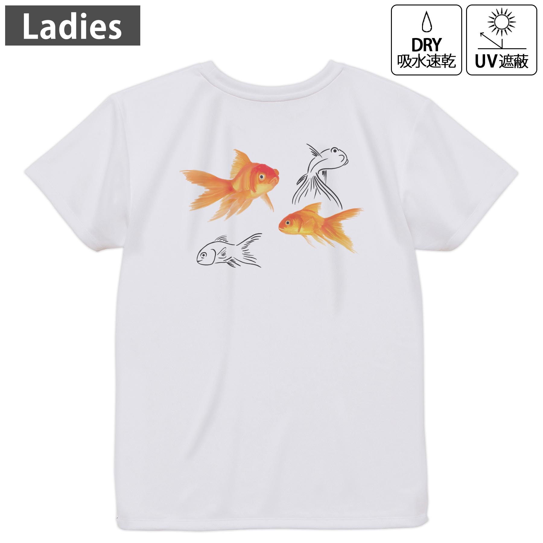 レディース ドライバックプリントTシャツ ホワイト 半袖 4.1オンス ジム トレーニング スポーツ 運動会 ドライアスレチック UVカット 紫外線遮蔽 吸水速乾 デザイン Tshirt M L 019751 金魚 Goldfish 魚