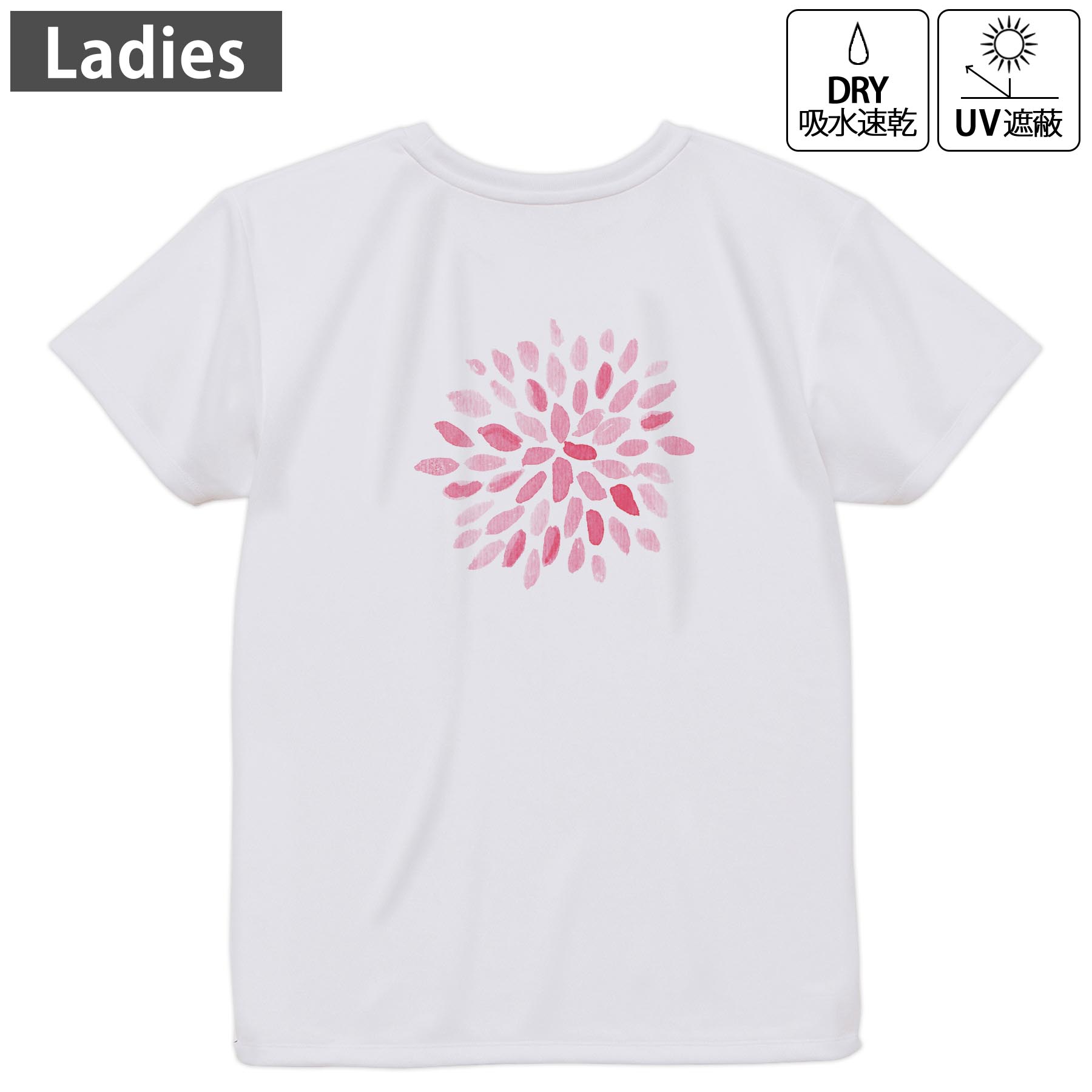 レディース ドライバックプリントTシャツ ホワイト 半袖 4.1オンス ジム トレーニング スポーツ 運動会 ドライアスレチック UVカット 紫外線遮蔽 吸水速乾 デザイン Tshirt M L 019759 夏 打ち上げ花火 firework