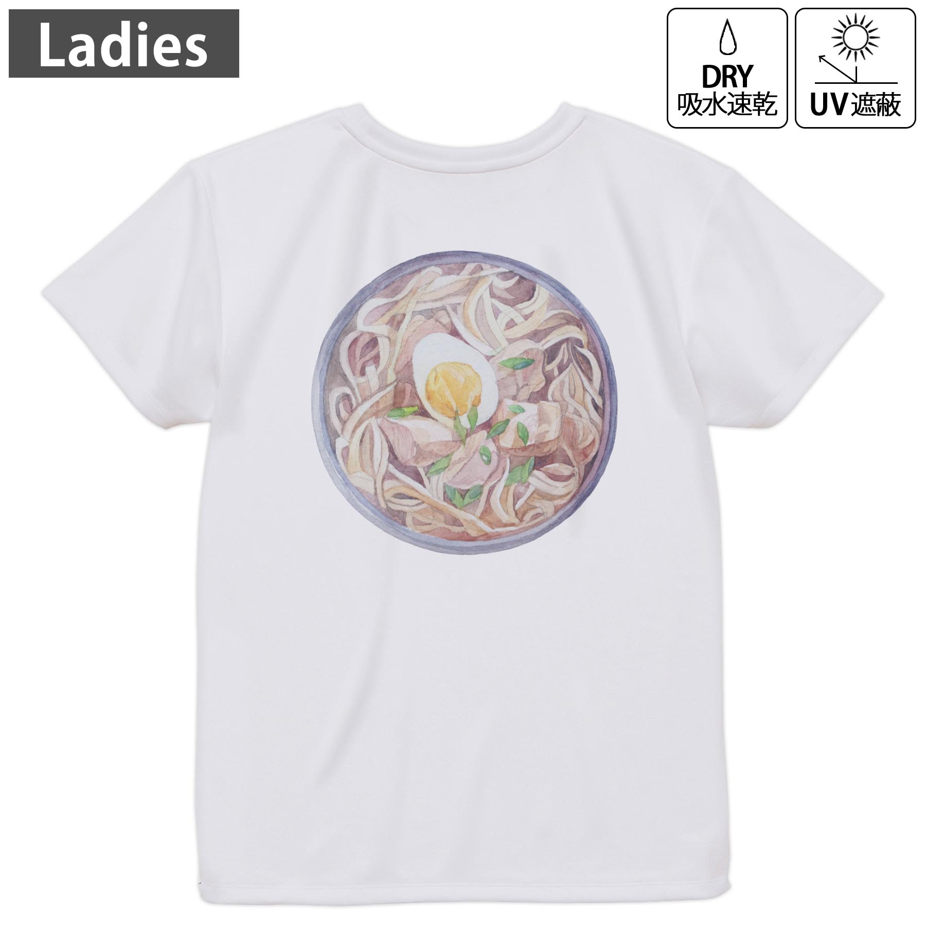 レディース ドライバックプリントTシャツ ホワイト 半袖 4.1オンス ジム トレーニング スポーツ 運動会 ドライアスレチック UVカット 紫外線遮蔽 吸水速乾 デザイン Tshirt M L 019865 日本食 どんぶり ごはん