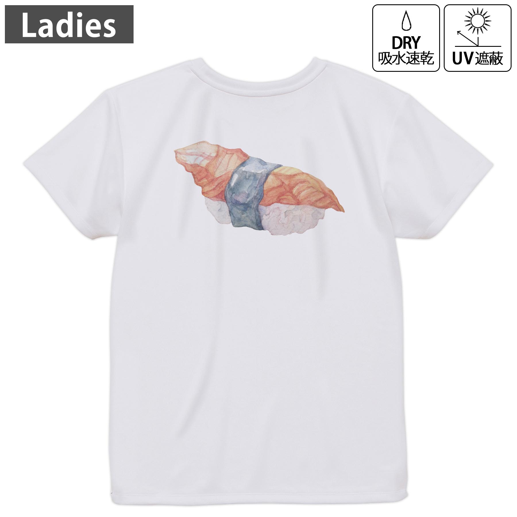レディース ドライバックプリントTシャツ ホワイト 半袖 4.1オンス ジム トレーニング スポーツ 運動会 ドライアスレチック UVカット 紫外線遮蔽 吸水速乾 デザイン Tshirt M L 019875 お寿司 Sushi ご飯