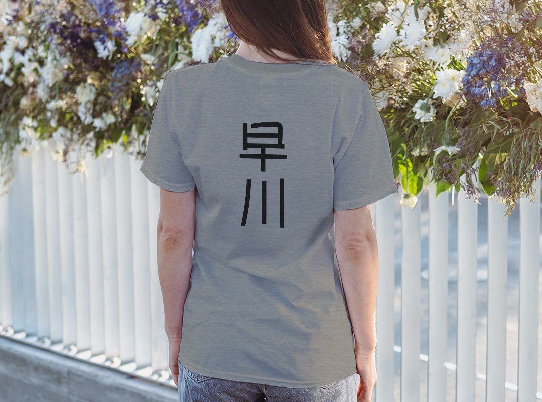 Tシャツ レディース バックプリント 半袖 ホワイト グレー デザイン M Lティーシャツ T shirt 021166 苗字 名前 早川