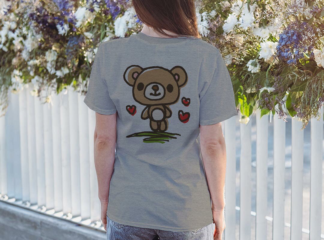 Tシャツ レディース バックプリント 半袖 ホワイト グレー デザイン M Lティーシャツ T shirt 009215 キャラクター　動物　くま