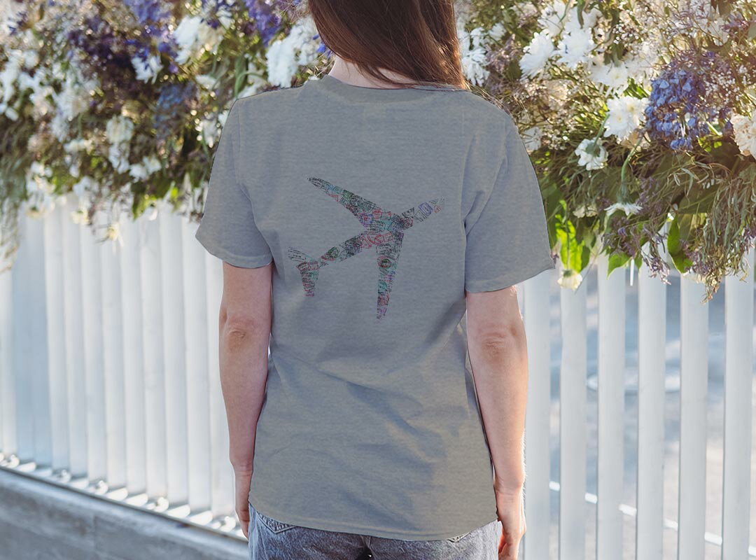 Tシャツ レディース バックプリント 半袖 ホワイト グレー デザイン M Lティーシャツ T shirt 012913 飛行機　スタンプ　英語