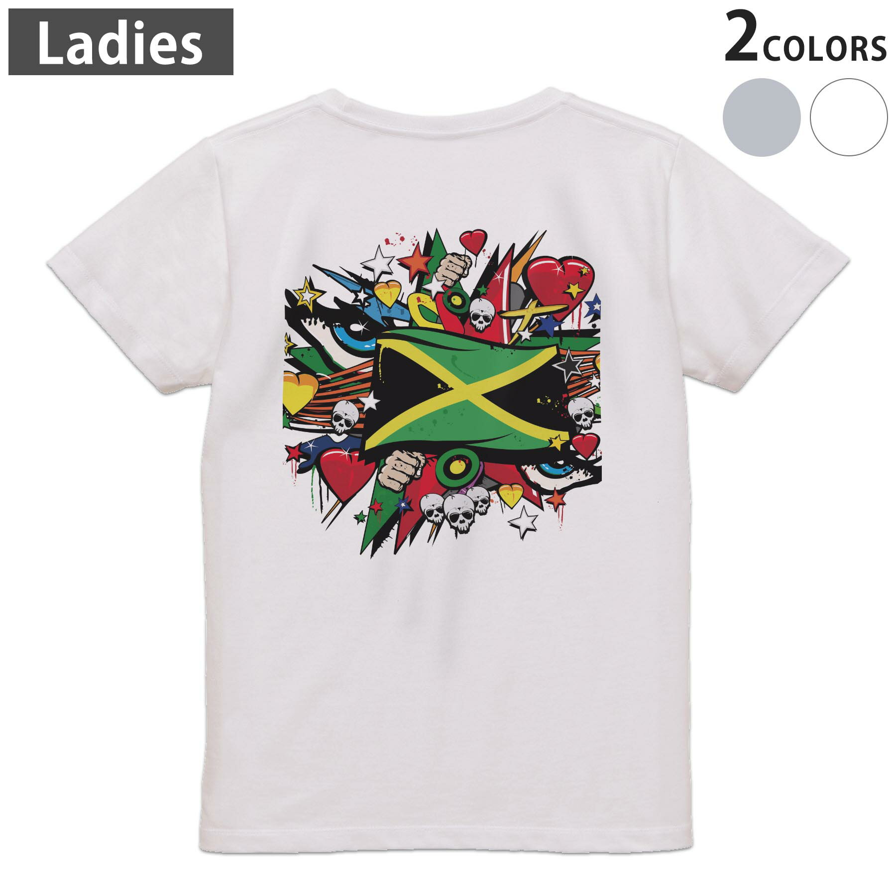 Tシャツ レディース バックプリント 半袖 ホワイト グレー デザイン M Lティーシャツ T shirt 000270 ジャマイカ　レゲエ　HIPHOP
