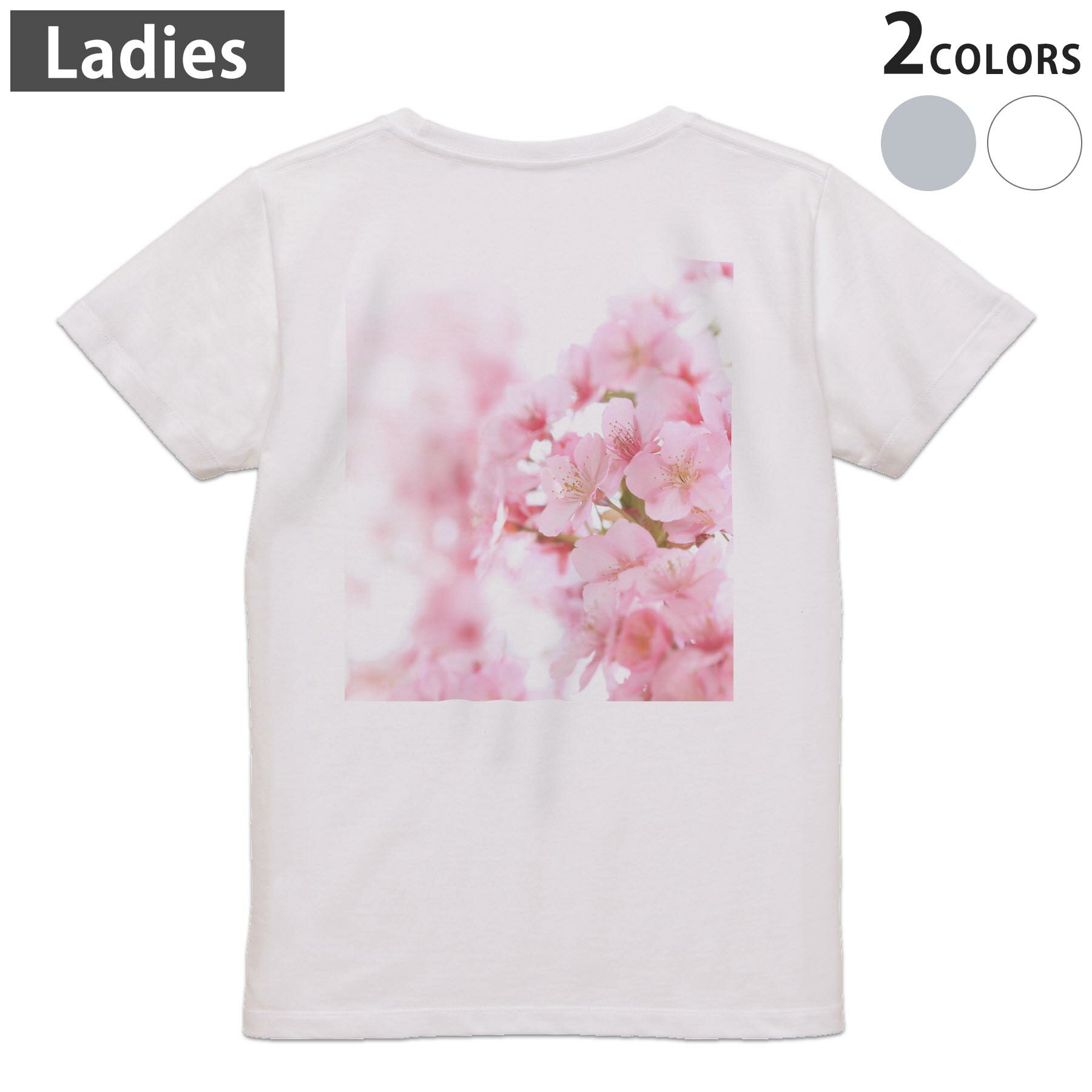 Print - Tシャツ レディース バックプリント 半袖 ホワイト グレー デザイン M Lティーシャツ T shirt 000886 桜