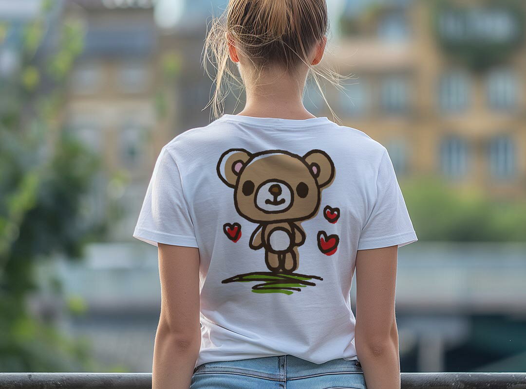 Tシャツ レディース バックプリント 半袖 ホワイト グレー デザイン M Lティーシャツ T shirt 009215 キャラクター　動物　くま