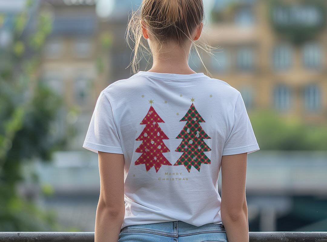 Tシャツ レディース バックプリント 半袖 ホワイト グレー デザイン M Lティーシャツ T shirt 015645 クリスマス　クリスマスツリー