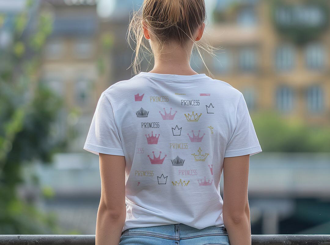 Tシャツ レディース バックプリント 半袖 ホワイト グレー デザイン M Lティーシャツ T shirt 015933 ティアラ　プリンセス