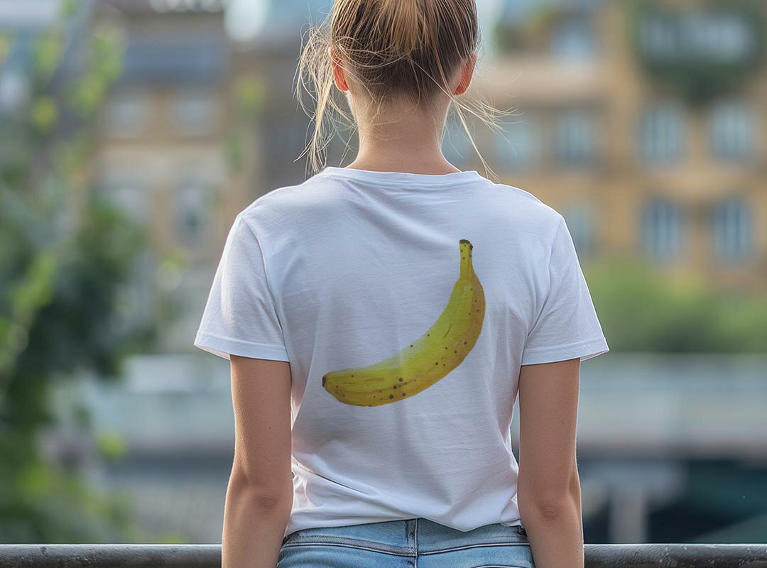 Tシャツ レディース バックプリント 半袖 ホワイト グレー デザイン M Lティーシャツ T shirt 017534 バナナ　果物　banana