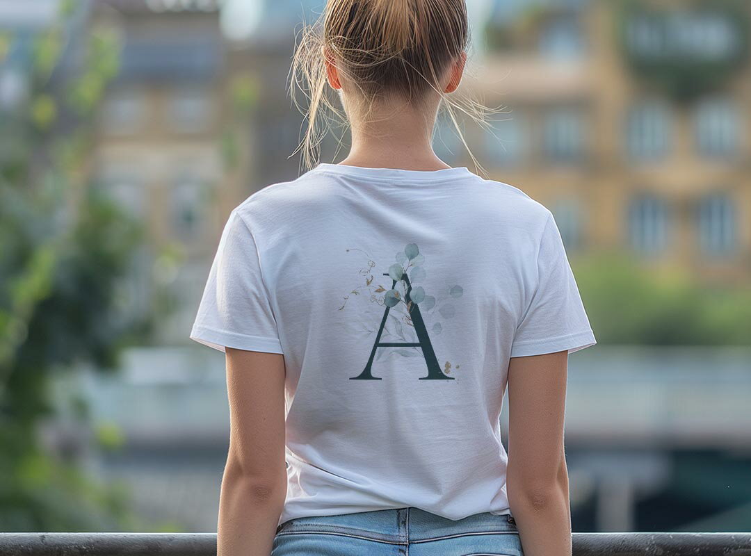 Tシャツ レディース バックプリント 半袖 ホワイト グレー デザイン M Lティーシャツ T shirt 019379 文字 a アルファベット