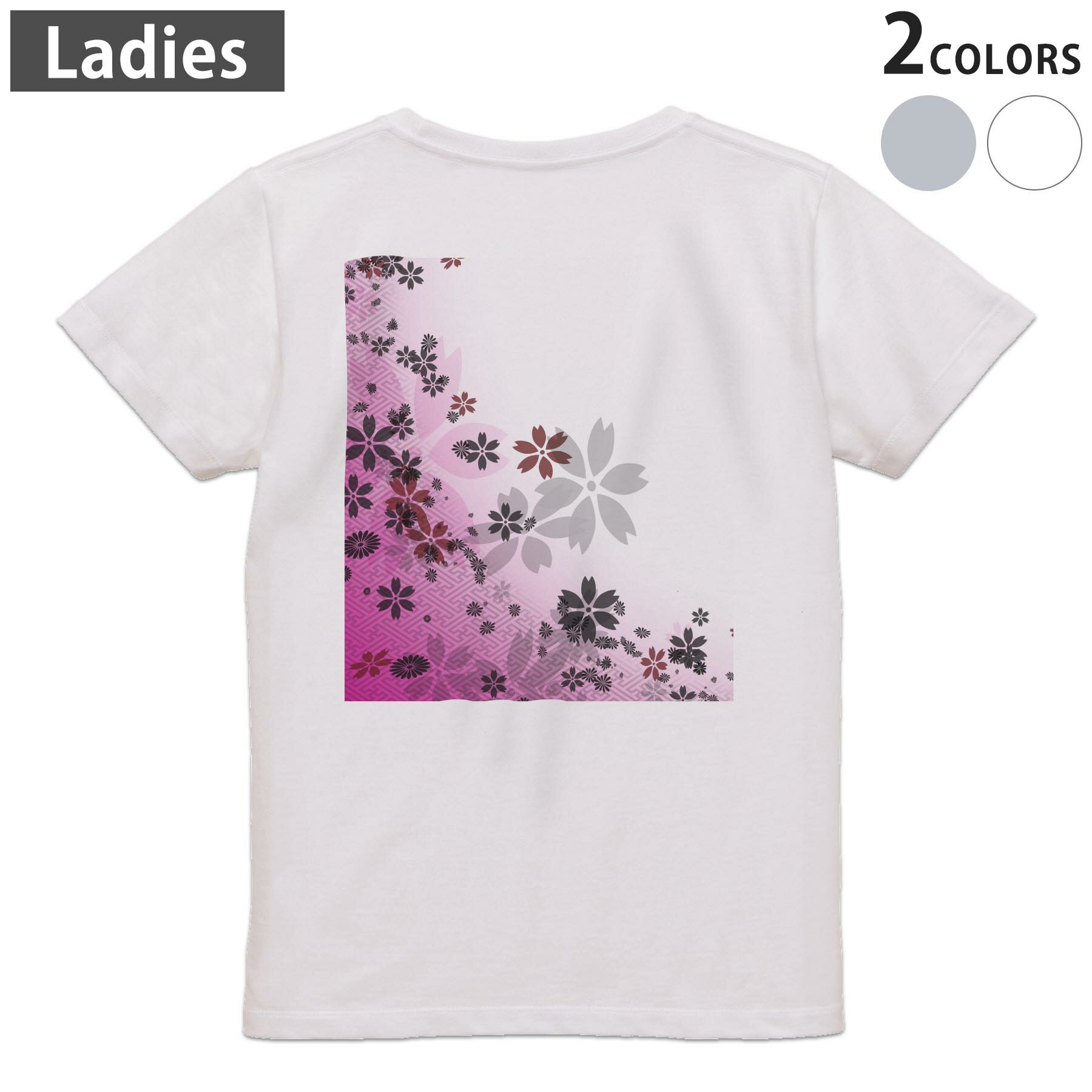 Tシャツ レディース バックプリント 半袖 ホワイト グレー デザイン M Lティーシャツ T shirt 002610 花 桜 ピンク