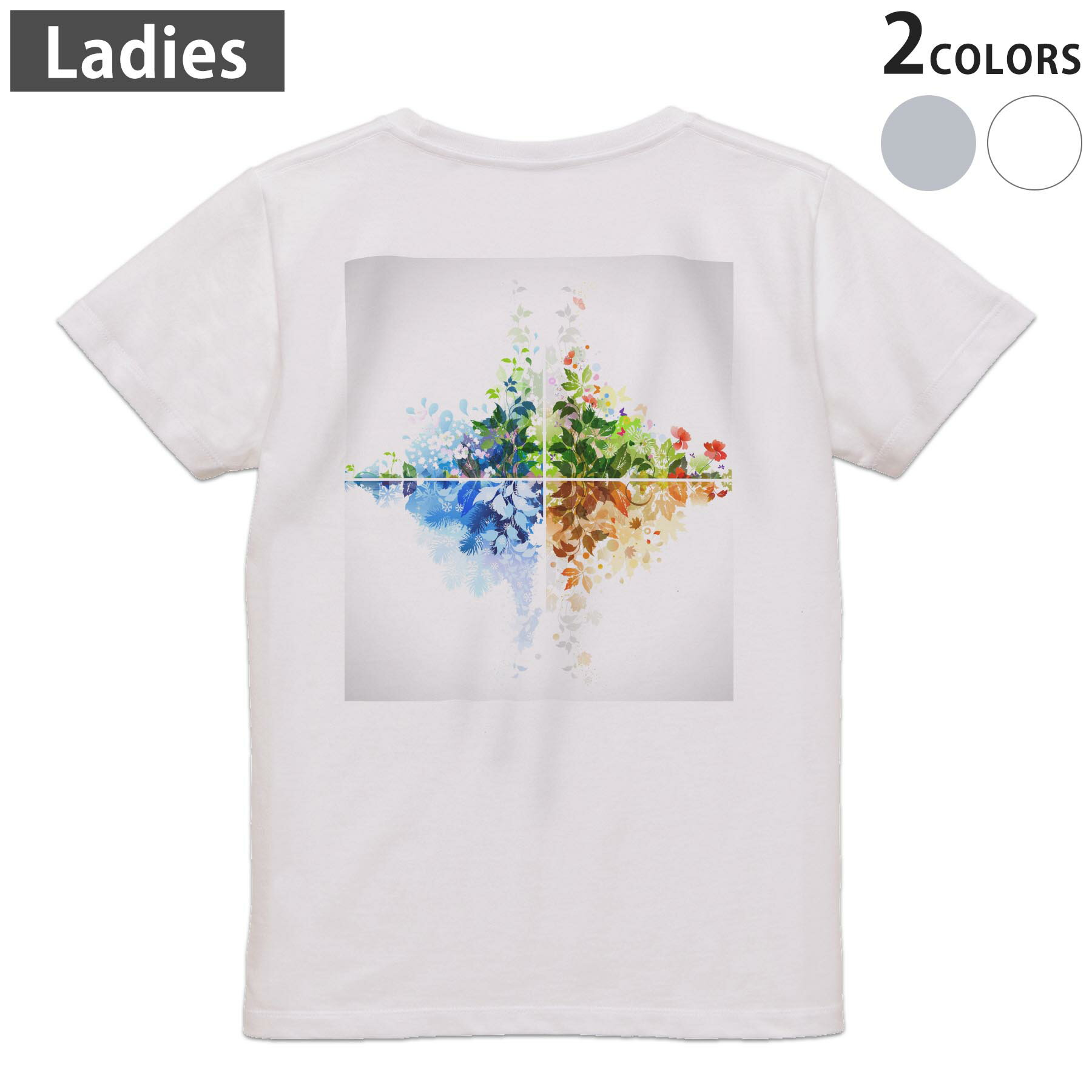 Tシャツ レディース バックプリント 半袖 ホワイト グレー デザイン M Lティーシャツ T shirt 002636 花　　カラフル