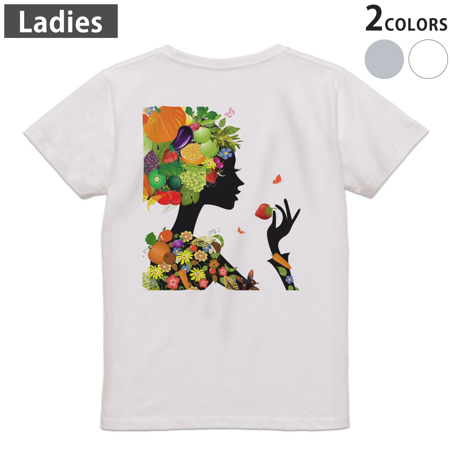 Tシャツ レディース バックプリント 半袖 ホワイト グレー デザイン M Lティーシャツ T shirt 003334 人物　食べ物　カラフル